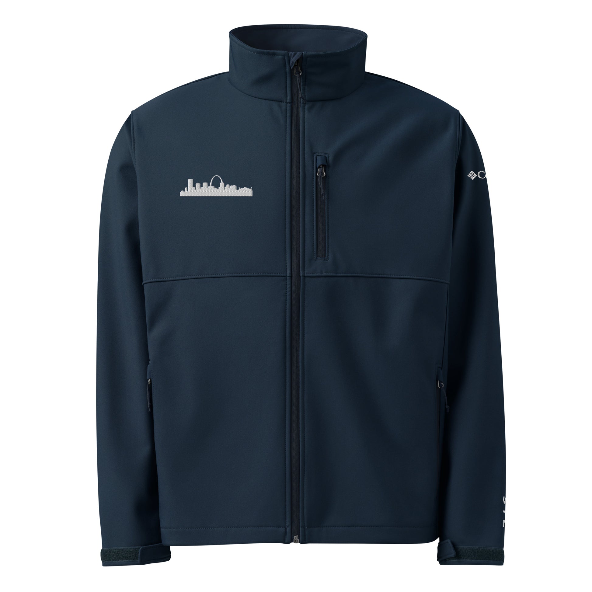 St. Louis Edition Columbia soft shell jacket in navy with embroidered STL skyline silhouette—premium outerwear for St. Louis athletes