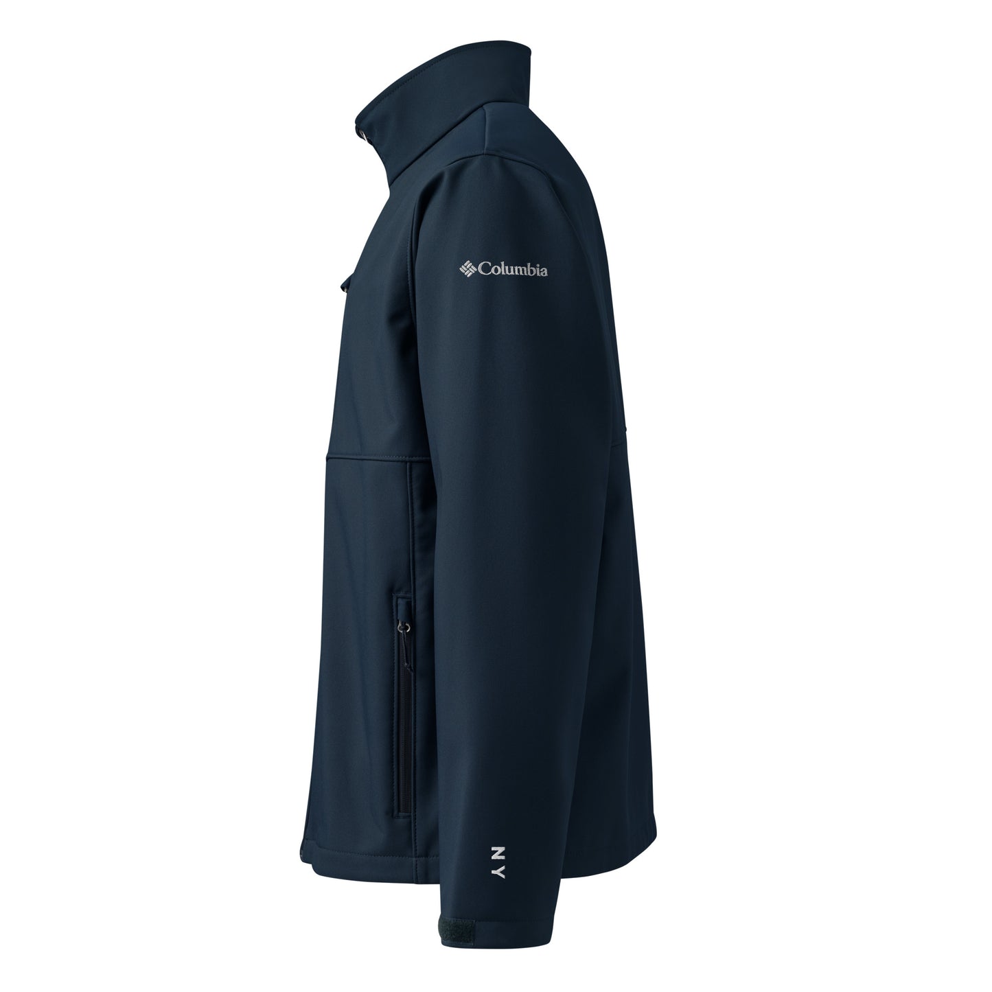 New York Edition Columbia soft shell jacket in navy with embroidered NYC skyline silhouette—high-performance outerwear for New York athletes