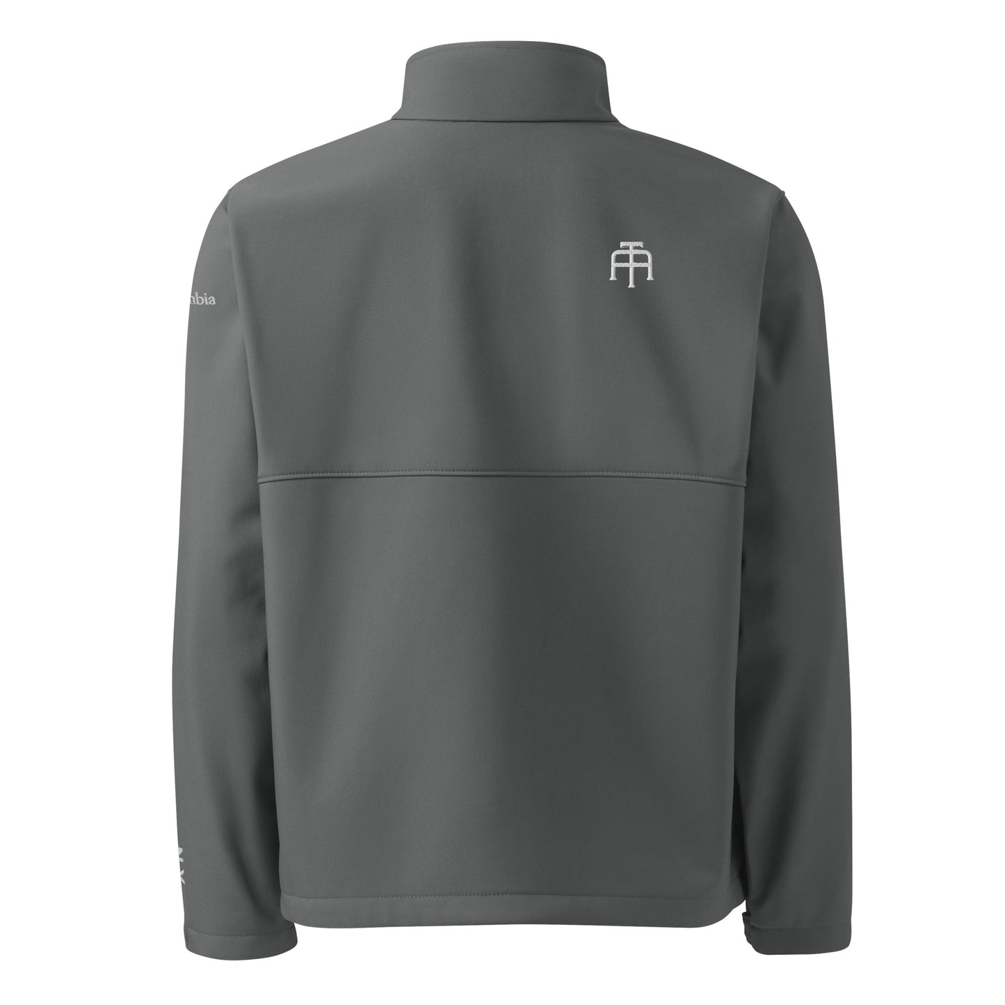 New York Edition Columbia soft shell jacket in graphite gray with embroidered NYC skyline silhouette—high-performance outerwear for New York athletes