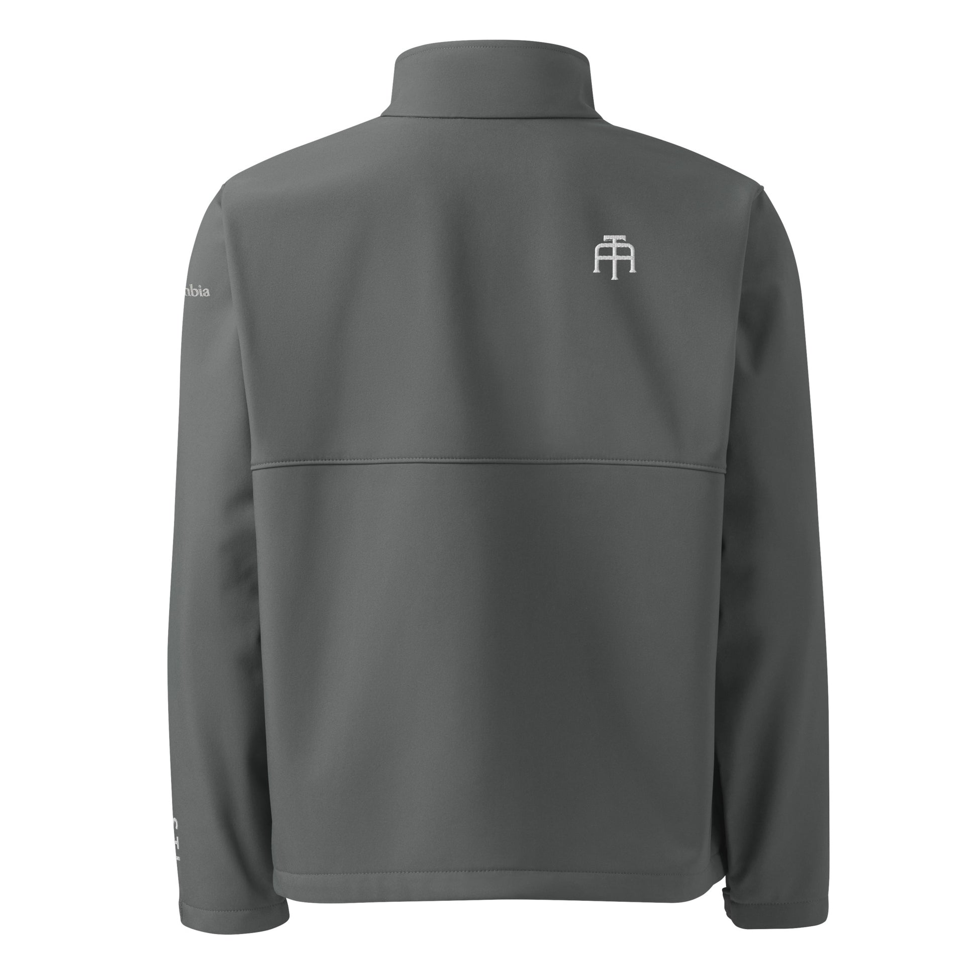 St. Louis Edition Columbia soft shell jacket in graphite gray with embroidered STL skyline silhouette—premium outerwear for St. Louis athletes