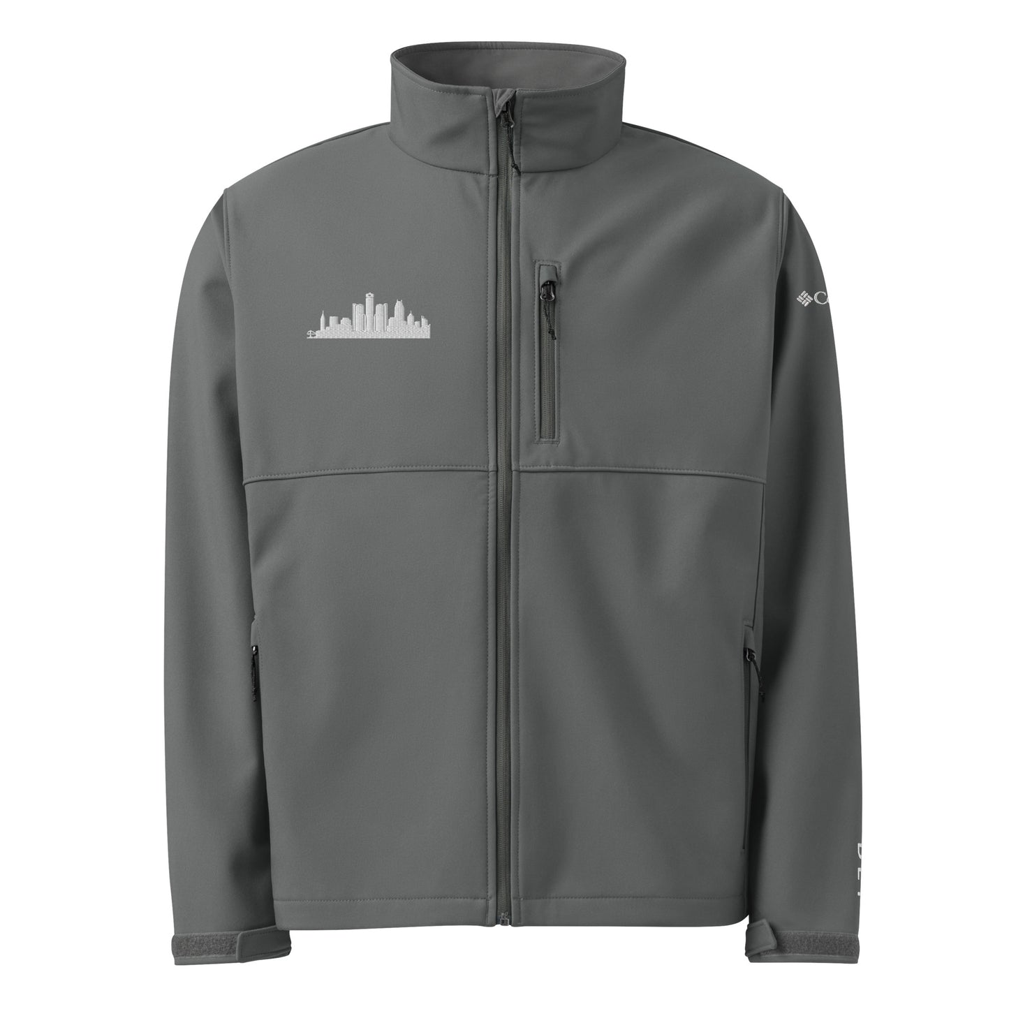 Detroit Edition Columbia soft shell jacket in graphite gray with embroidered Detroit skyline silhouette—premium outerwear for Motor City athletes