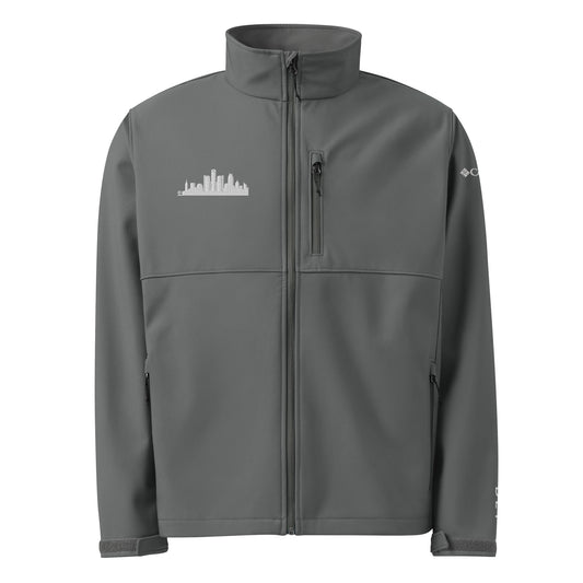 Detroit Edition Columbia soft shell jacket in graphite gray with embroidered Detroit skyline silhouette—premium outerwear for Motor City athletes