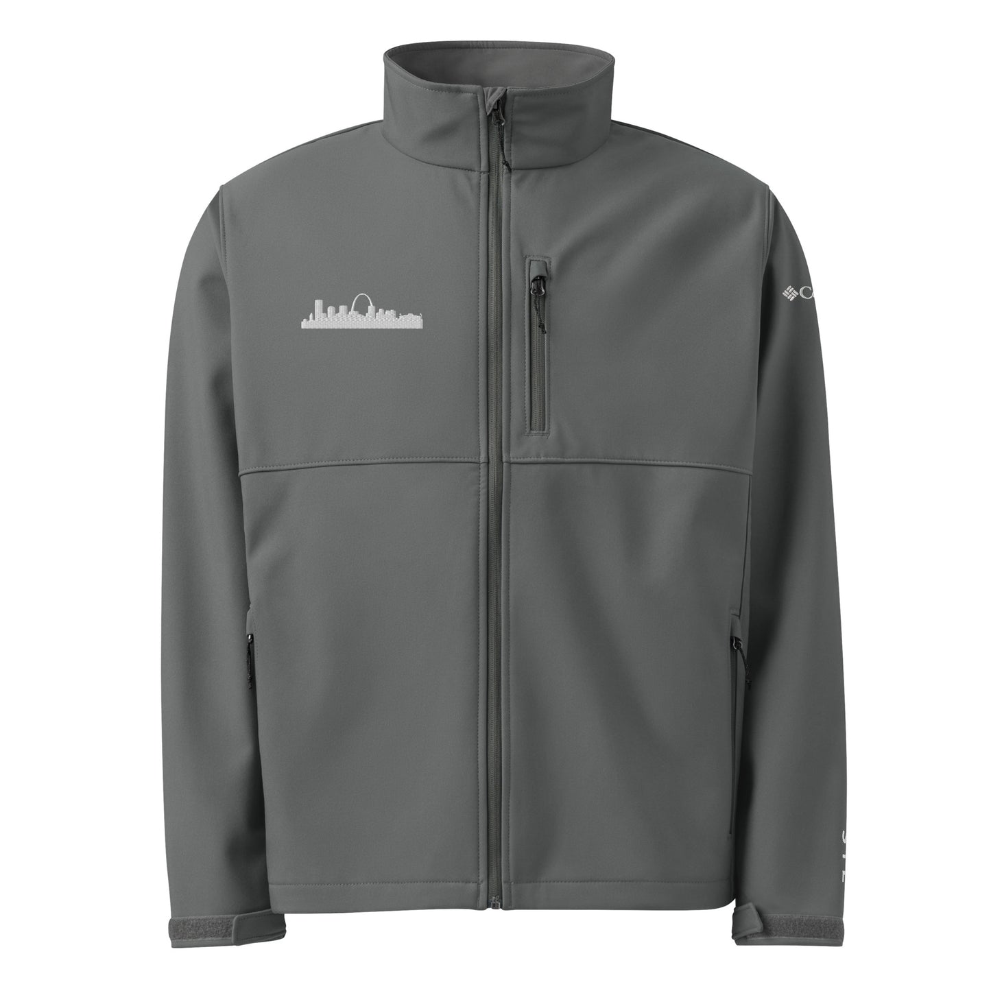 St. Louis Edition Columbia soft shell jacket in graphite gray with embroidered STL skyline silhouette—premium outerwear for St. Louis athletes
