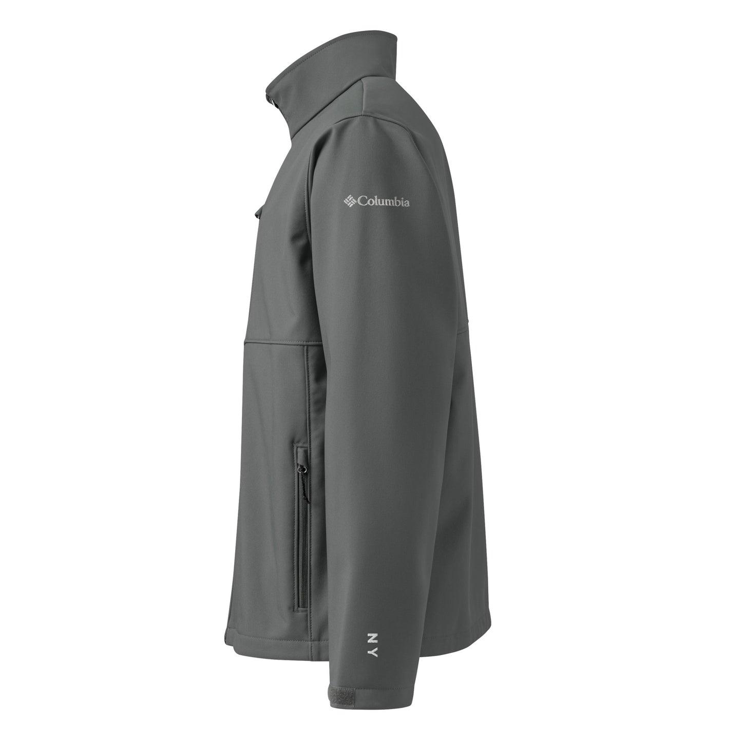 New York Edition Columbia soft shell jacket in graphite gray with embroidered NYC skyline silhouette—high-performance outerwear for New York athletes