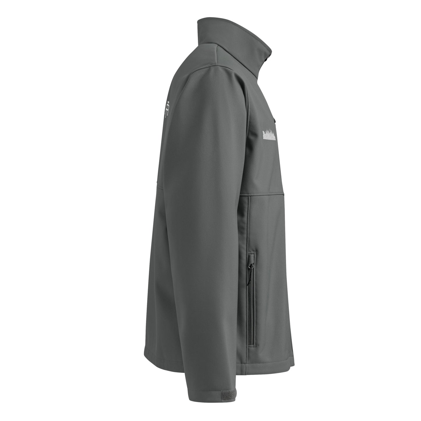 New York Edition Columbia soft shell jacket in graphite gray with embroidered NYC skyline silhouette—high-performance outerwear for New York athletes