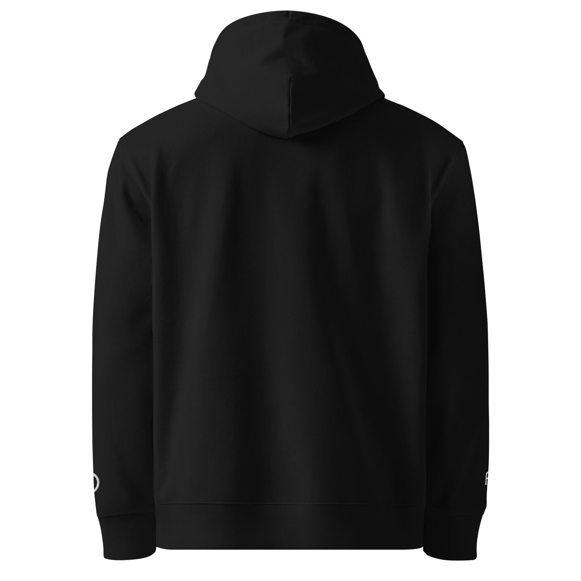 Sustainable organic cotton premium 10 oz hoodie in black with white switch\off and logo embroidery - An Athlete Trains.