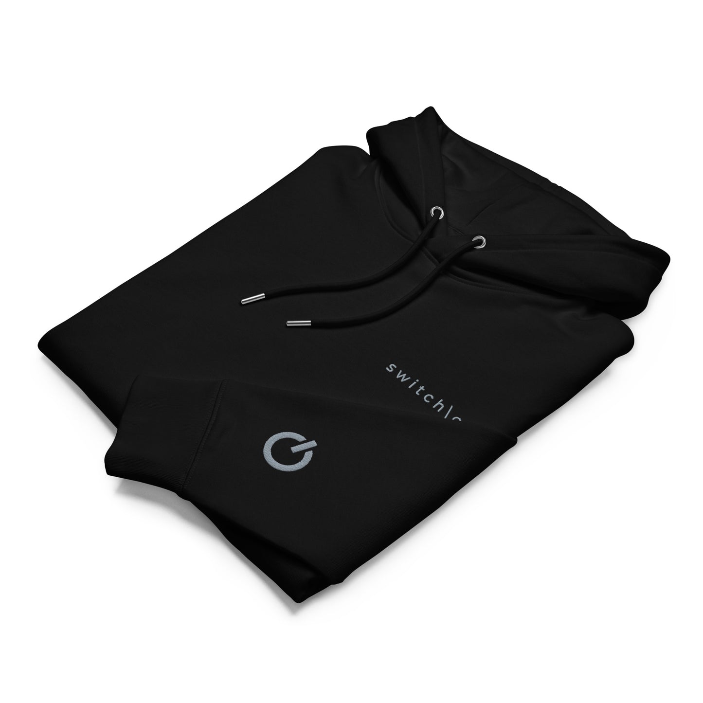 Sustainable organic cotton premium 10 oz hoodie in black with gray switch\off and logo embroidery. Drawstring with metal tips - An Athlete Trains.