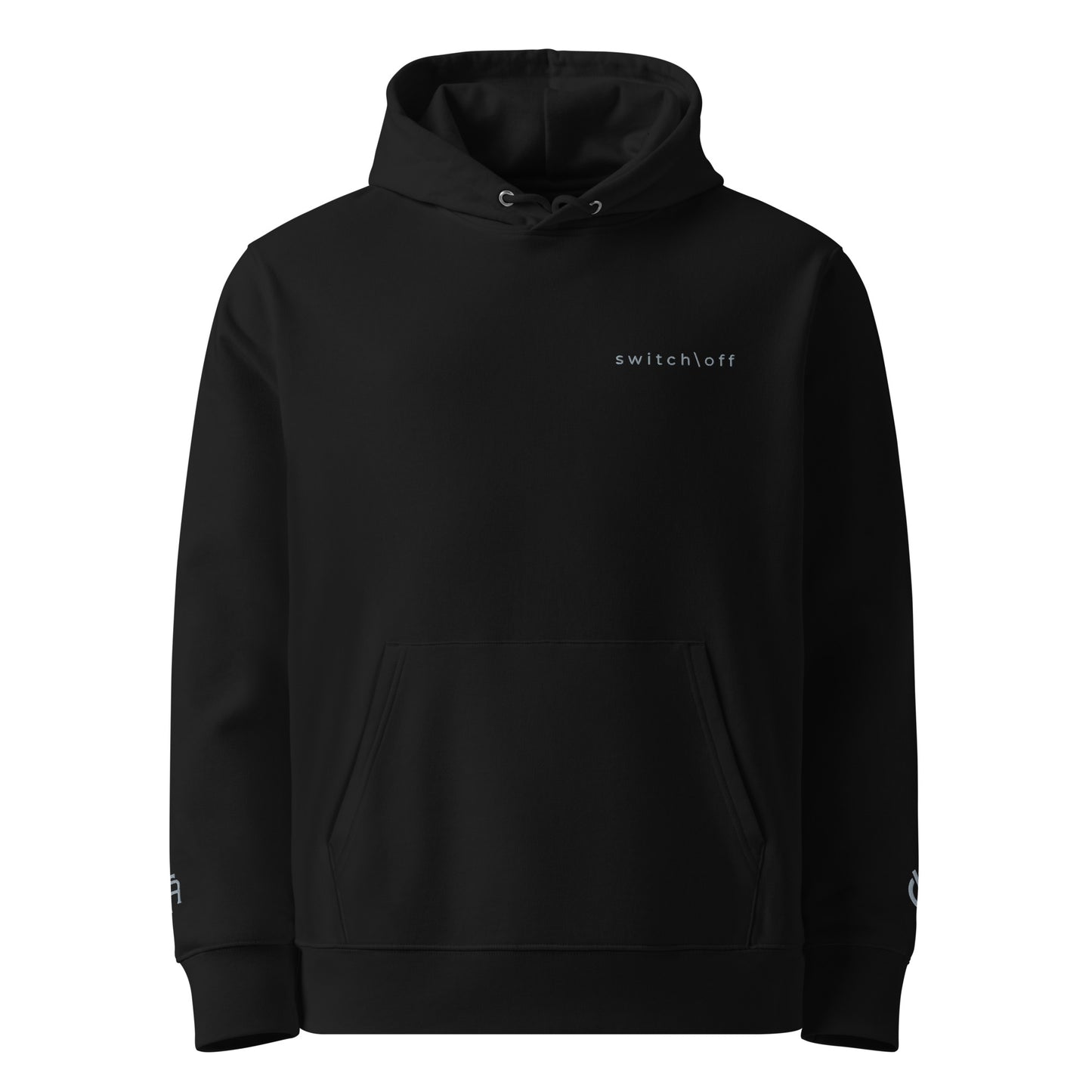 Sustainable organic cotton premium 10 oz hoodie in black with gray switch\off and logo embroidery - An Athlete Trains.