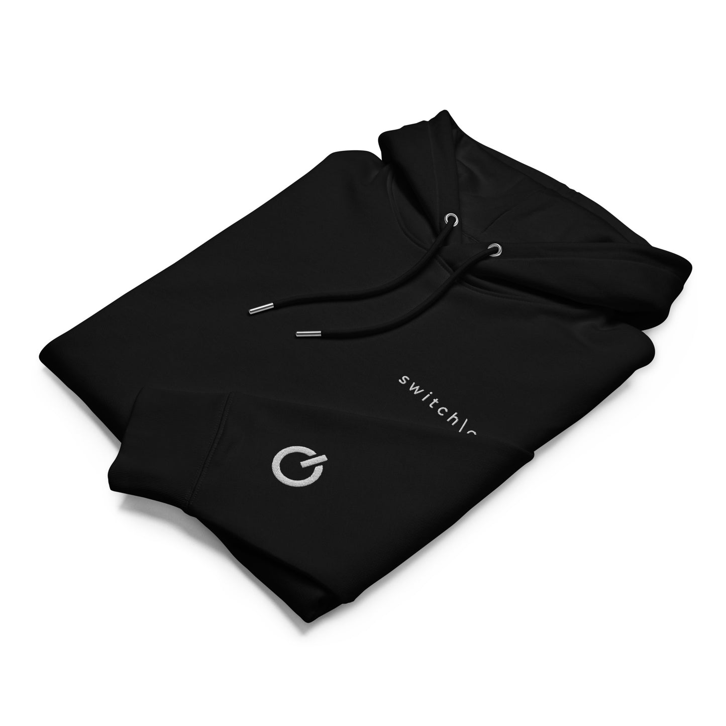 Sustainable organic cotton premium 10 oz hoodie in black with white switch\off and logo embroidery. Drawstring with metal tips - An Athlete Trains.