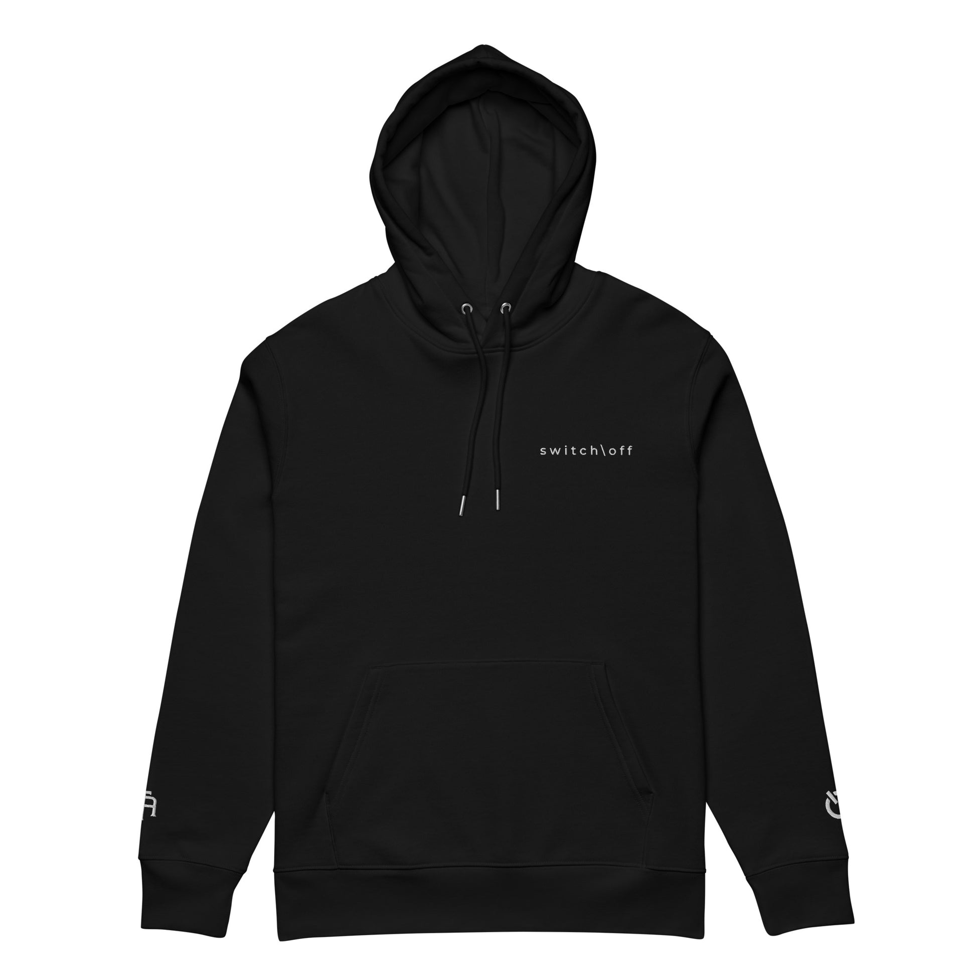 Sustainable organic cotton premium 10 oz hoodie in black with white switch\off and logo embroidery. Drawstring with metal tips - An Athlete Trains.