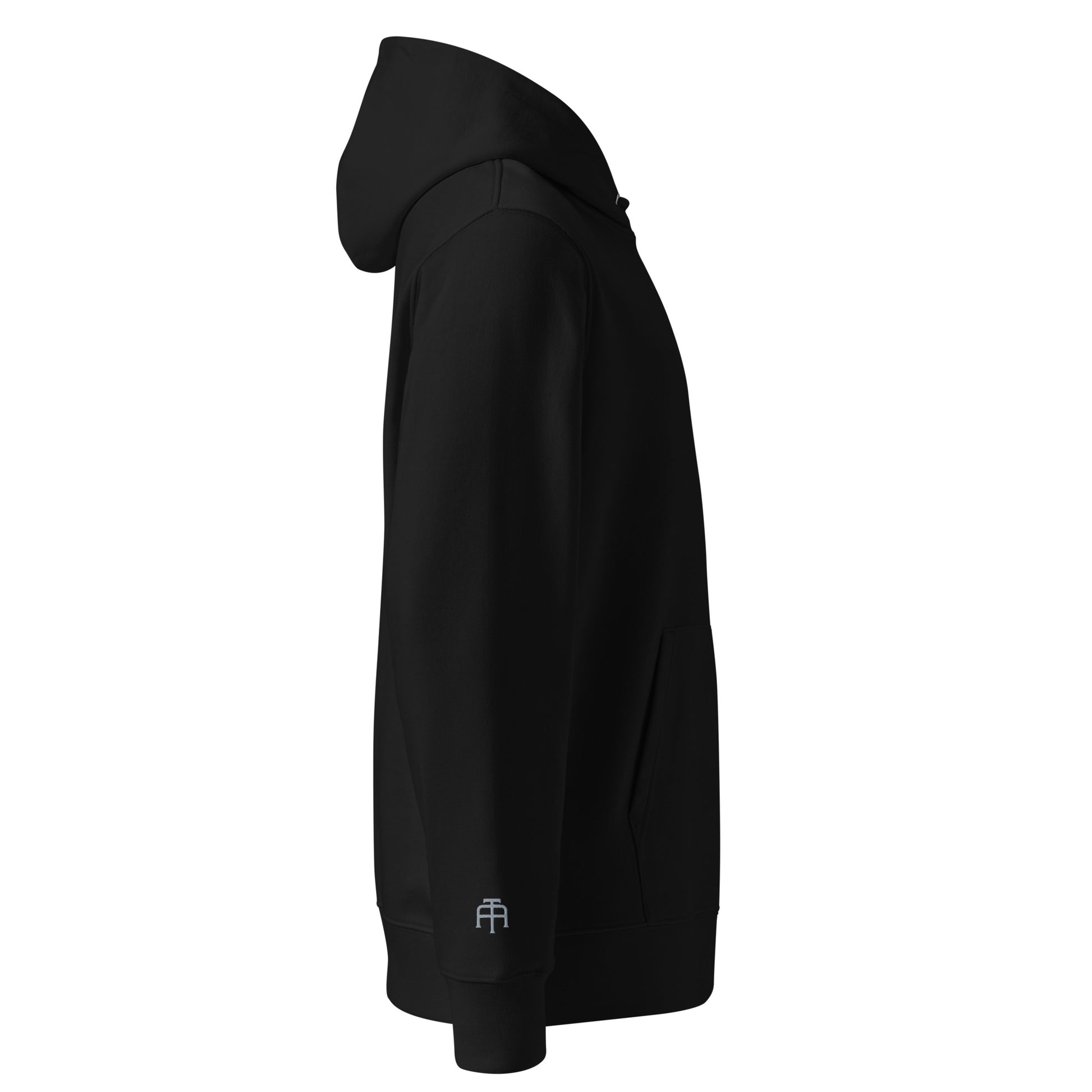 Sustainable organic cotton premium 10 oz hoodie in black with gray switch\off and logo embroidery - An Athlete Trains.