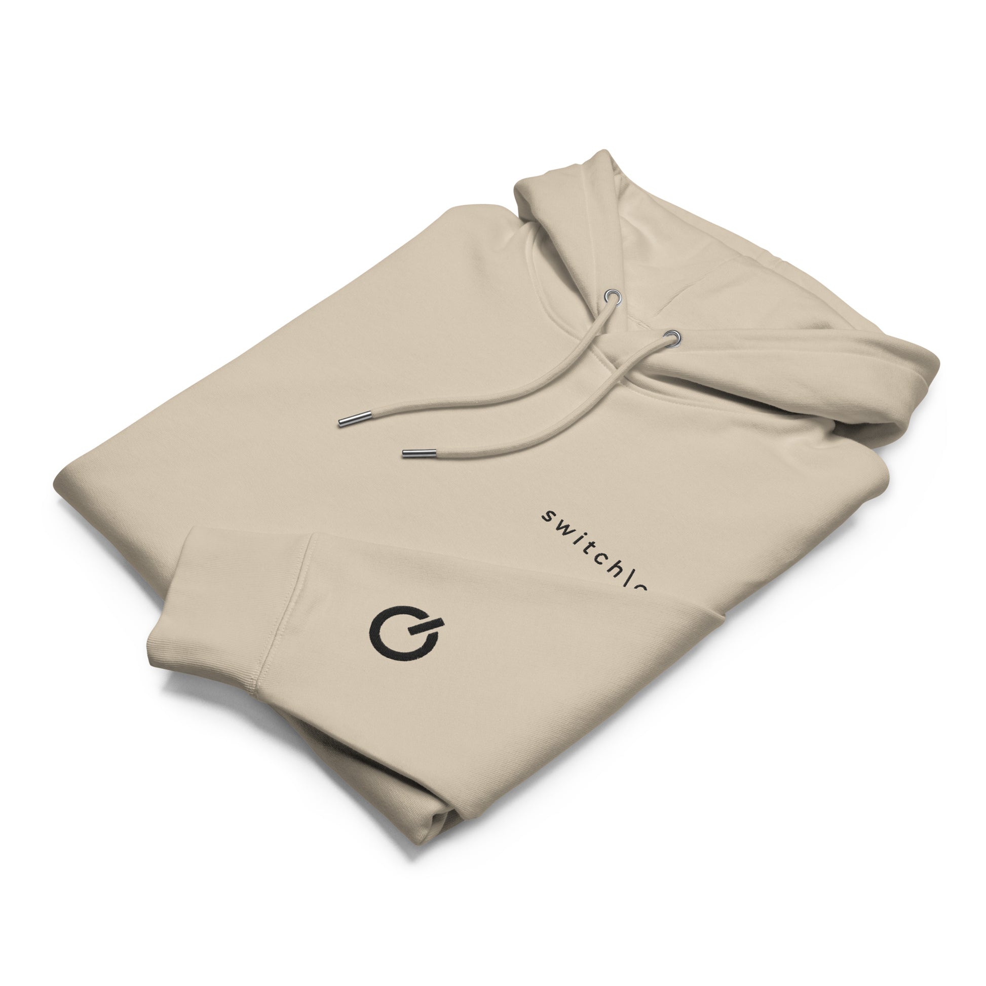 Sustainable organic cotton premium 10 oz hoodie in dust color with black switch\off and logo embroidery. Drawstring with metal tips - An Athlete Trains.