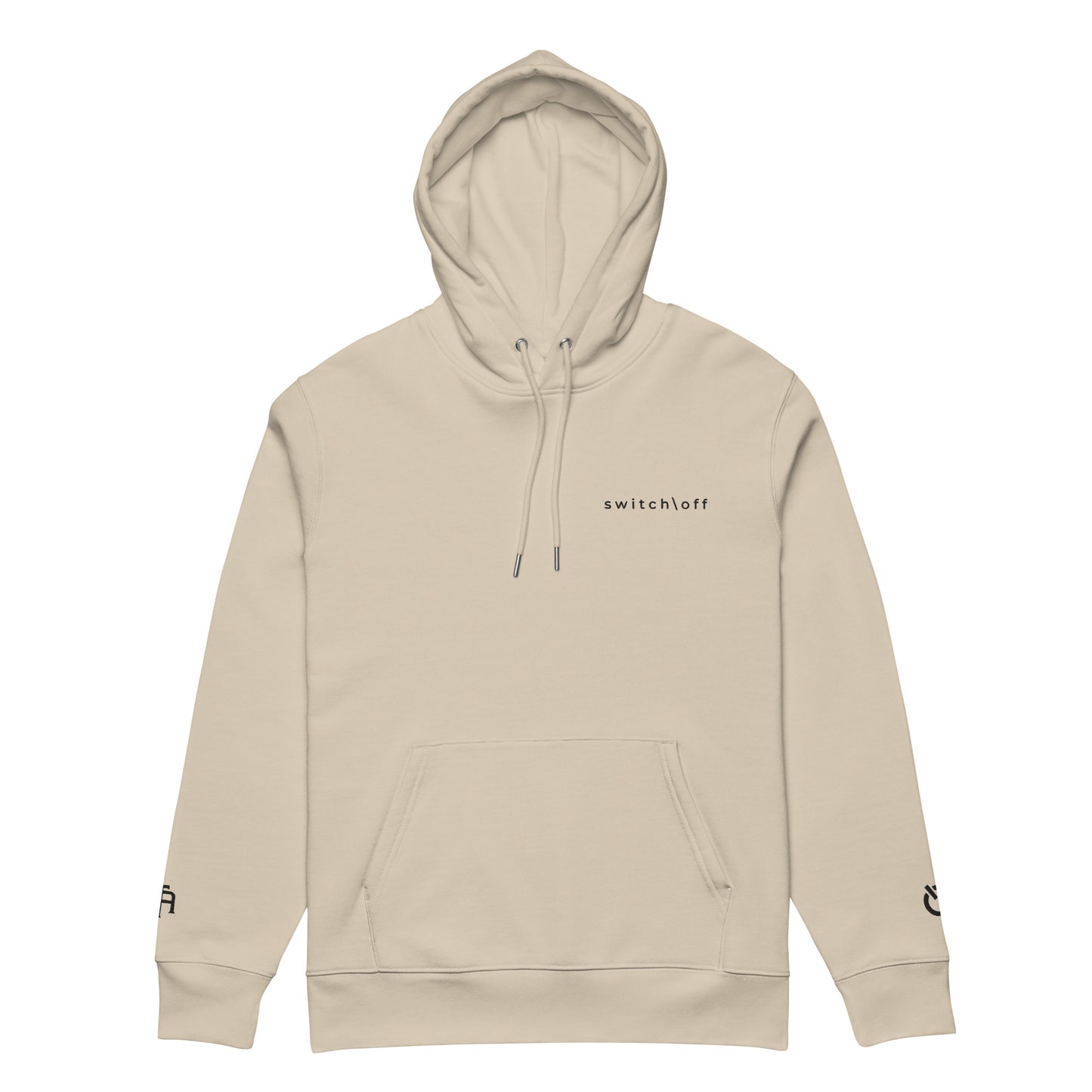 Sustainable organic cotton premium 10 oz hoodie in dust color with black switch\off and logo embroidery. Drawstring with metal tips - An Athlete Trains.