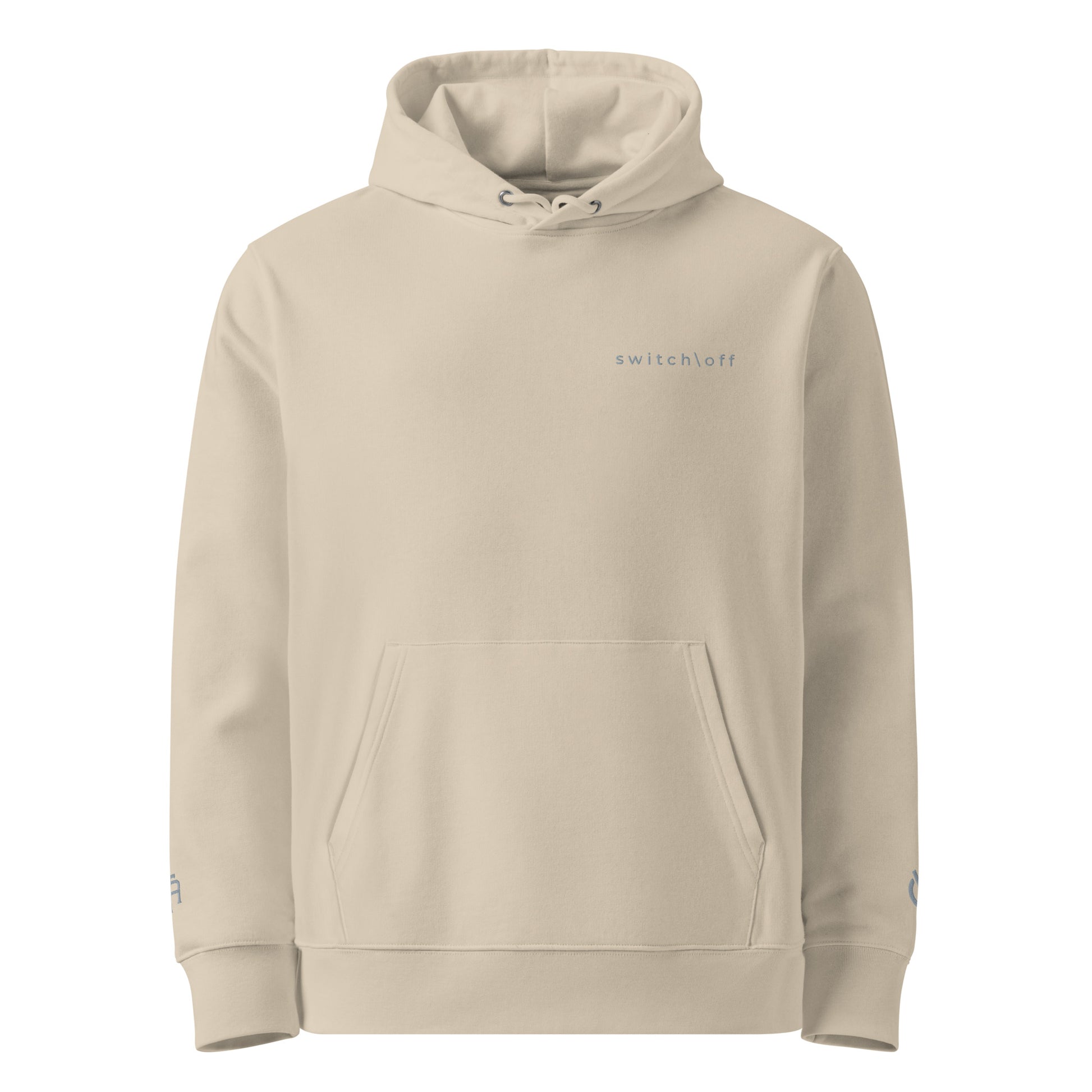 Sustainable organic cotton premium 10 oz hoodie in dust color with gray switch\off and logo embroidery - An Athlete Trains.
