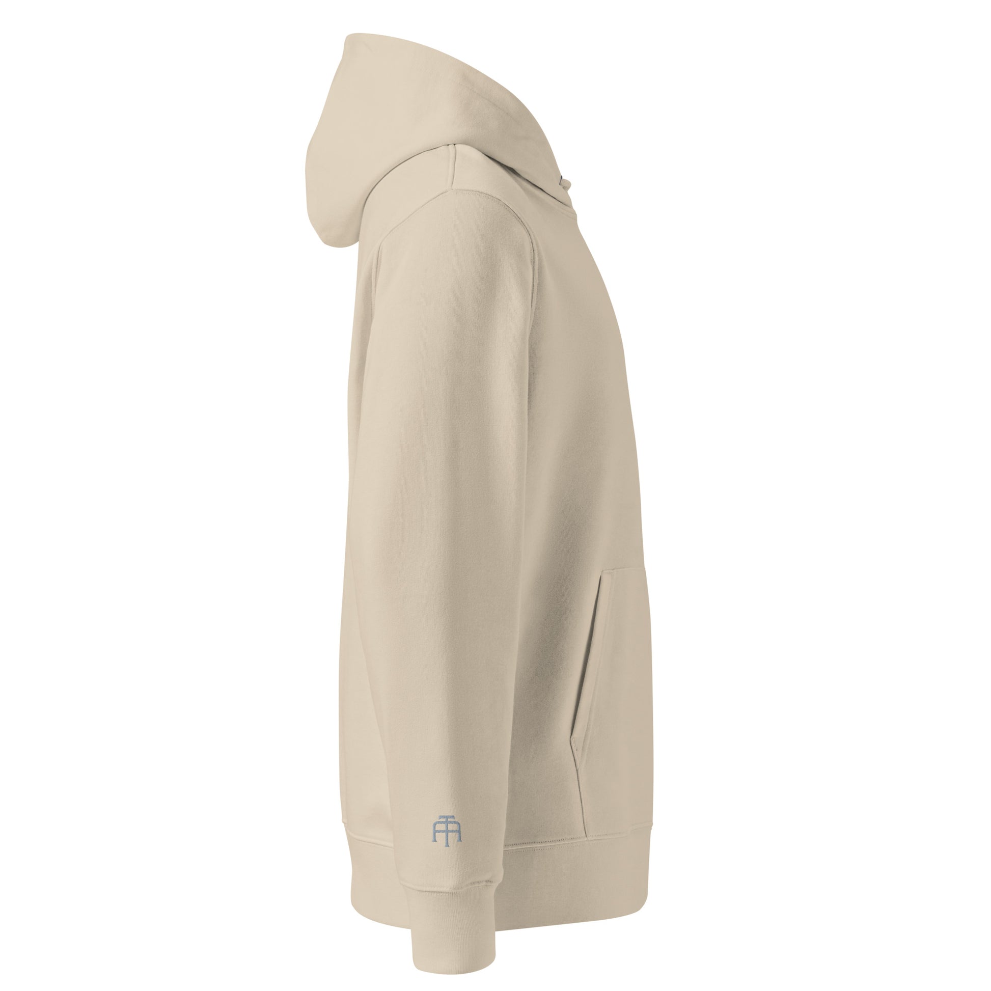 Sustainable organic cotton premium 10 oz hoodie in dust color with gray switch\off and logo embroidery - An Athlete Trains.