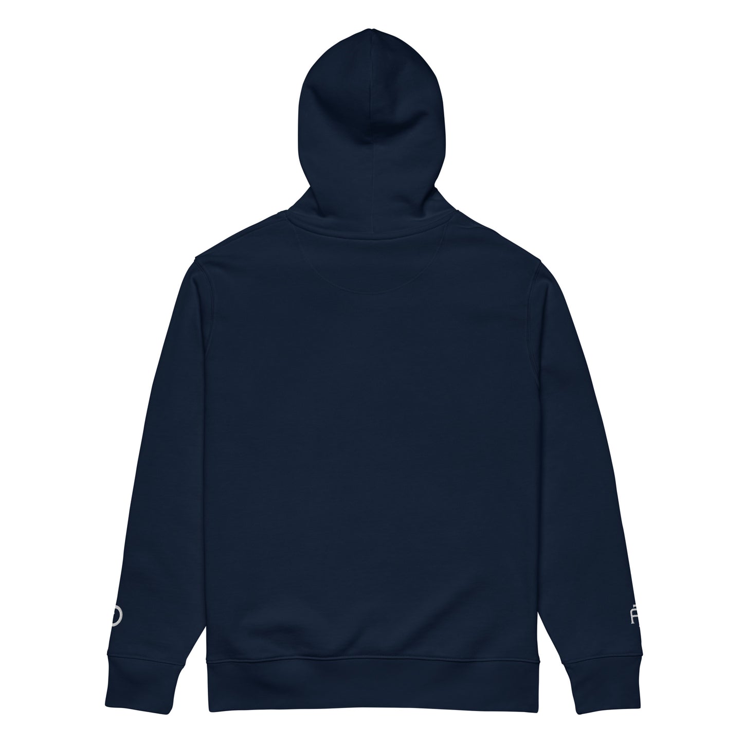Sustainable organic cotton premium 10 oz hoodie in navy with white switch\off and logo embroidery - An Athlete Trains.