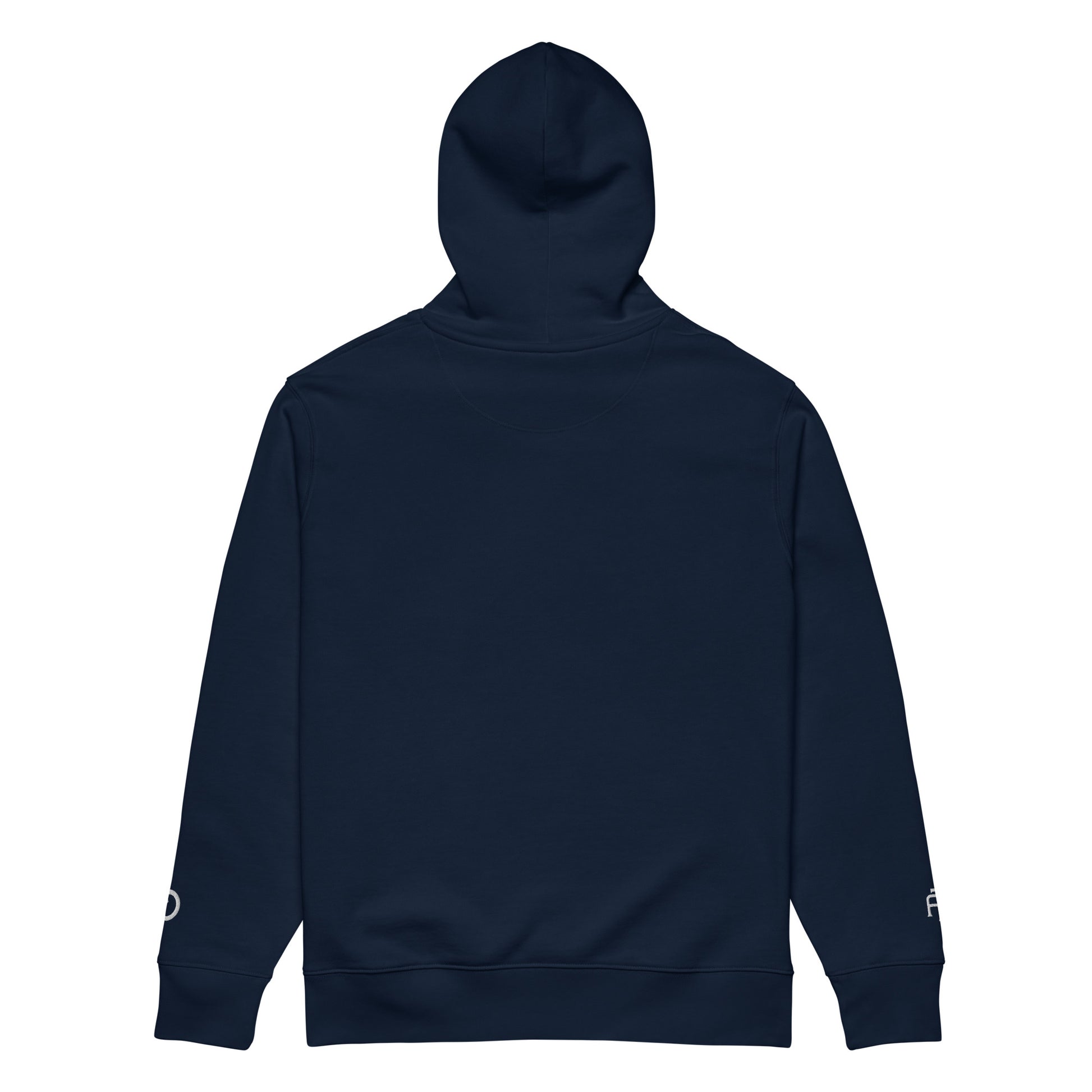 Sustainable organic cotton premium 10 oz hoodie in navy with white switch\off and logo embroidery - An Athlete Trains.