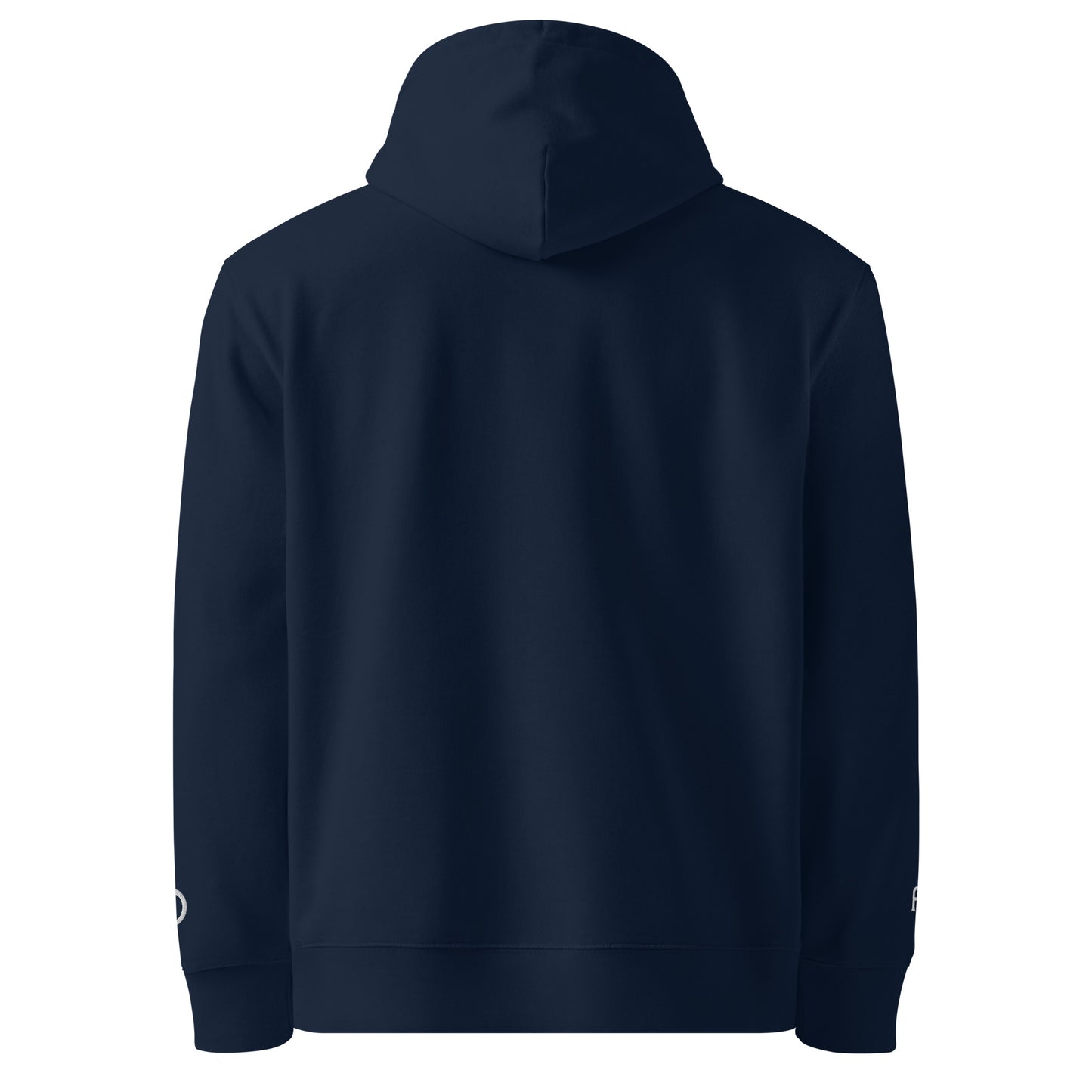 Sustainable organic cotton premium 10 oz hoodie in navy with white switch\off and logo embroidery - An Athlete Trains.