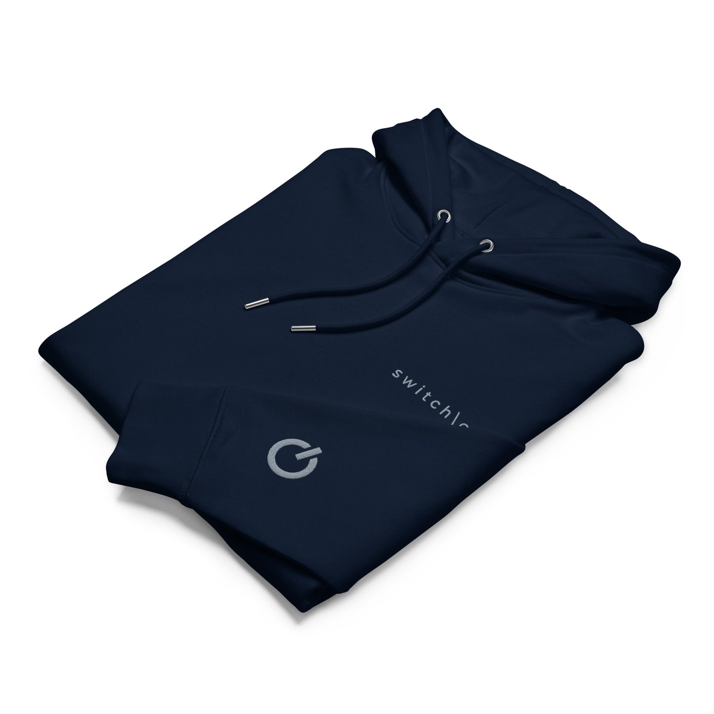 Sustainable organic cotton premium 10 oz hoodie in navy with gray switch\off and logo embroidery. Drawstring with metal tips - An Athlete Trains.