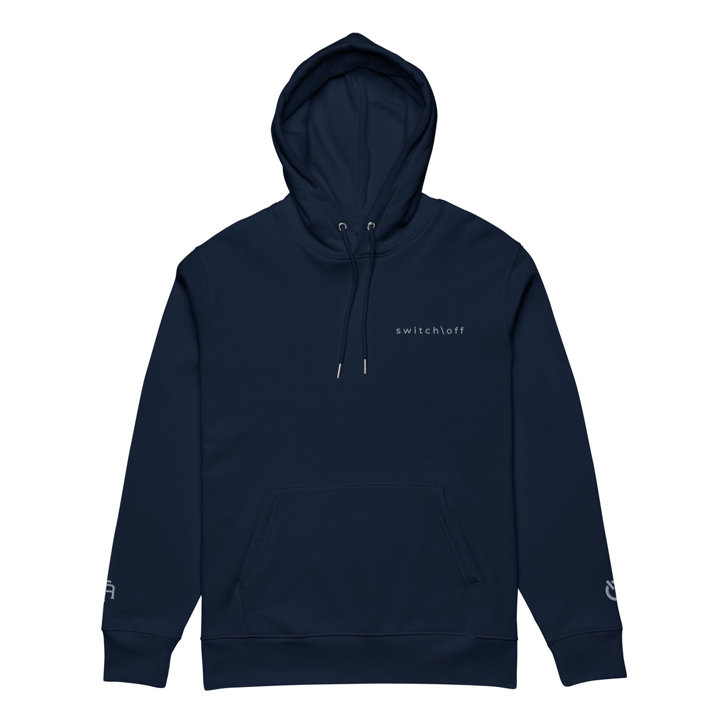 Sustainable organic cotton premium 10 oz hoodie in navy with gray switch\off and logo embroidery. Drawstring with metal tips - An Athlete Trains.