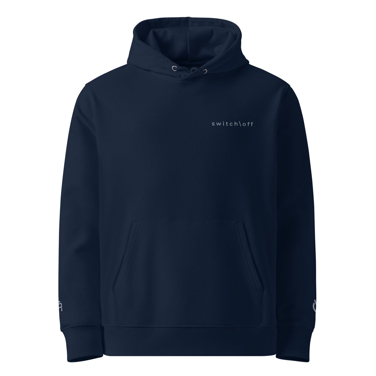 Sustainable organic cotton premium 10 oz hoodie in navy with gray switch\off and logo embroidery - An Athlete Trains.