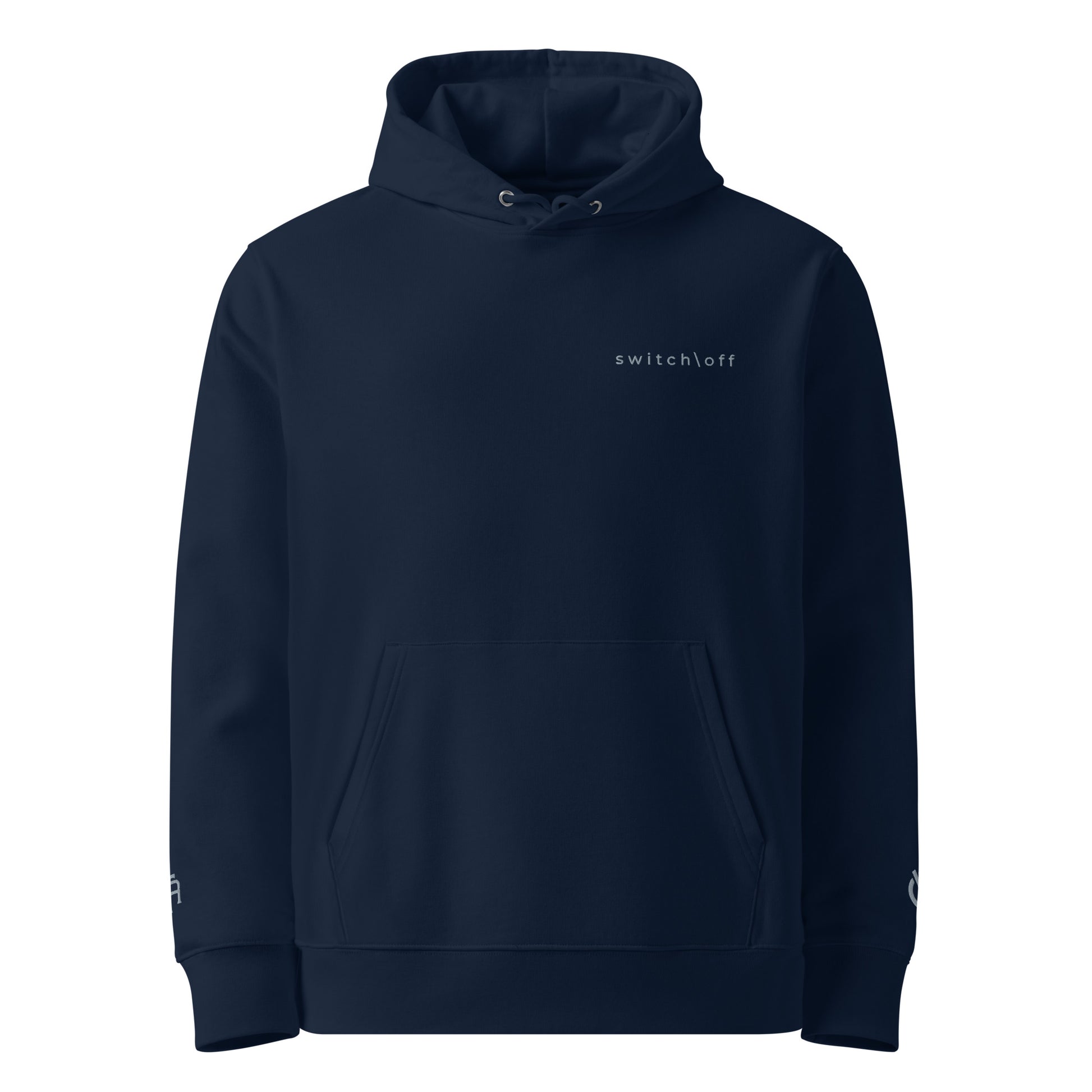 Sustainable organic cotton premium 10 oz hoodie in navy with gray switch\off and logo embroidery - An Athlete Trains.
