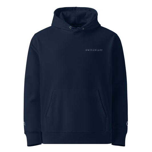 Sustainable organic cotton premium 10 oz hoodie in navy with gray switch\off and logo embroidery - An Athlete Trains.
