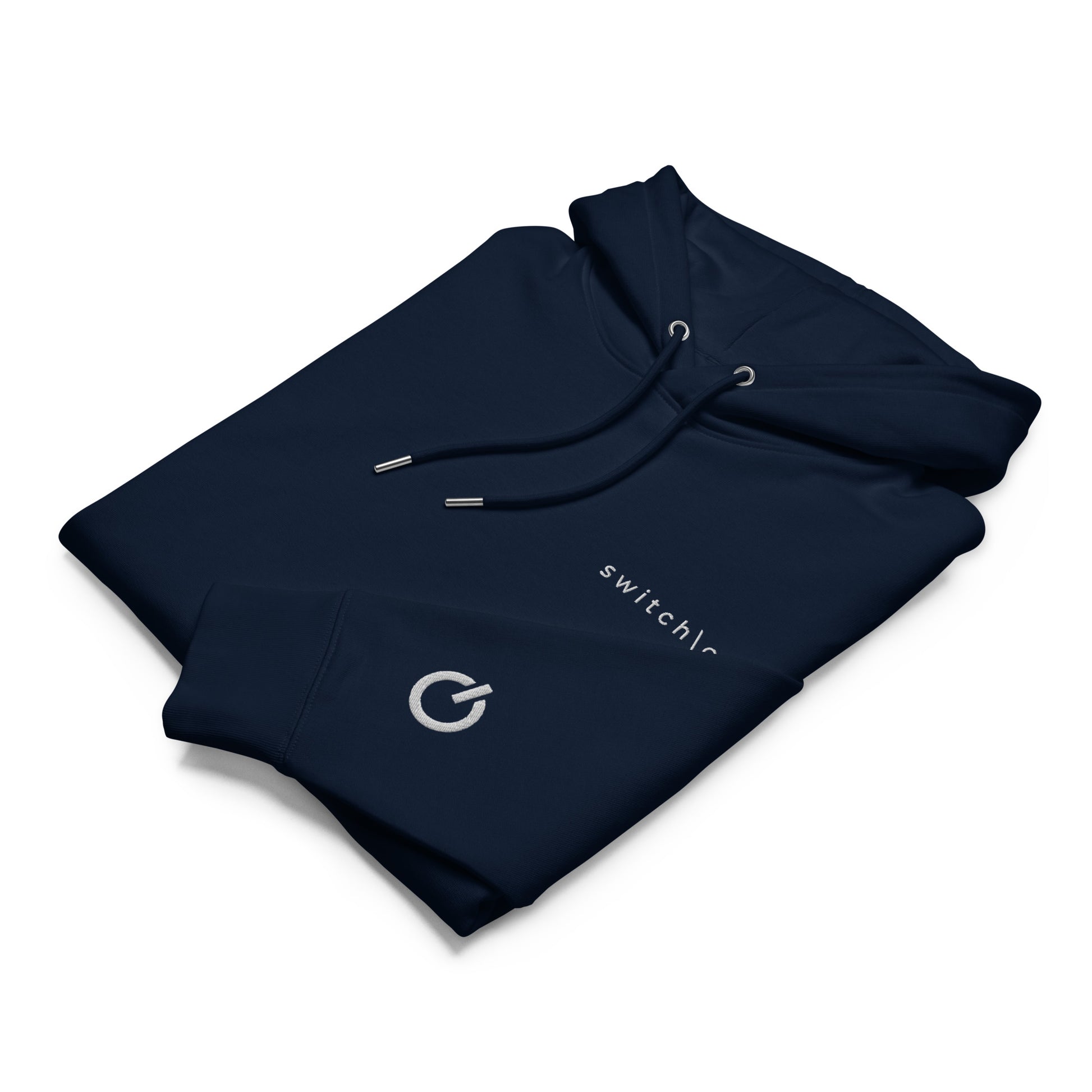 Sustainable organic cotton premium 10 oz hoodie in navy with white switch\off and logo embroidery. Drawstring with metal tips - An Athlete Trains.