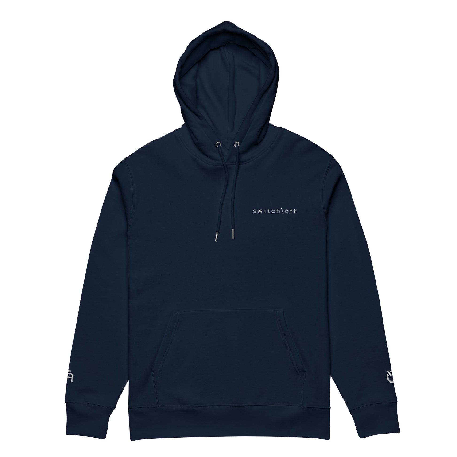 Sustainable organic cotton premium 10 oz hoodie in navy with white switch\off and logo embroidery. Drawstring with metal tips - An Athlete Trains.