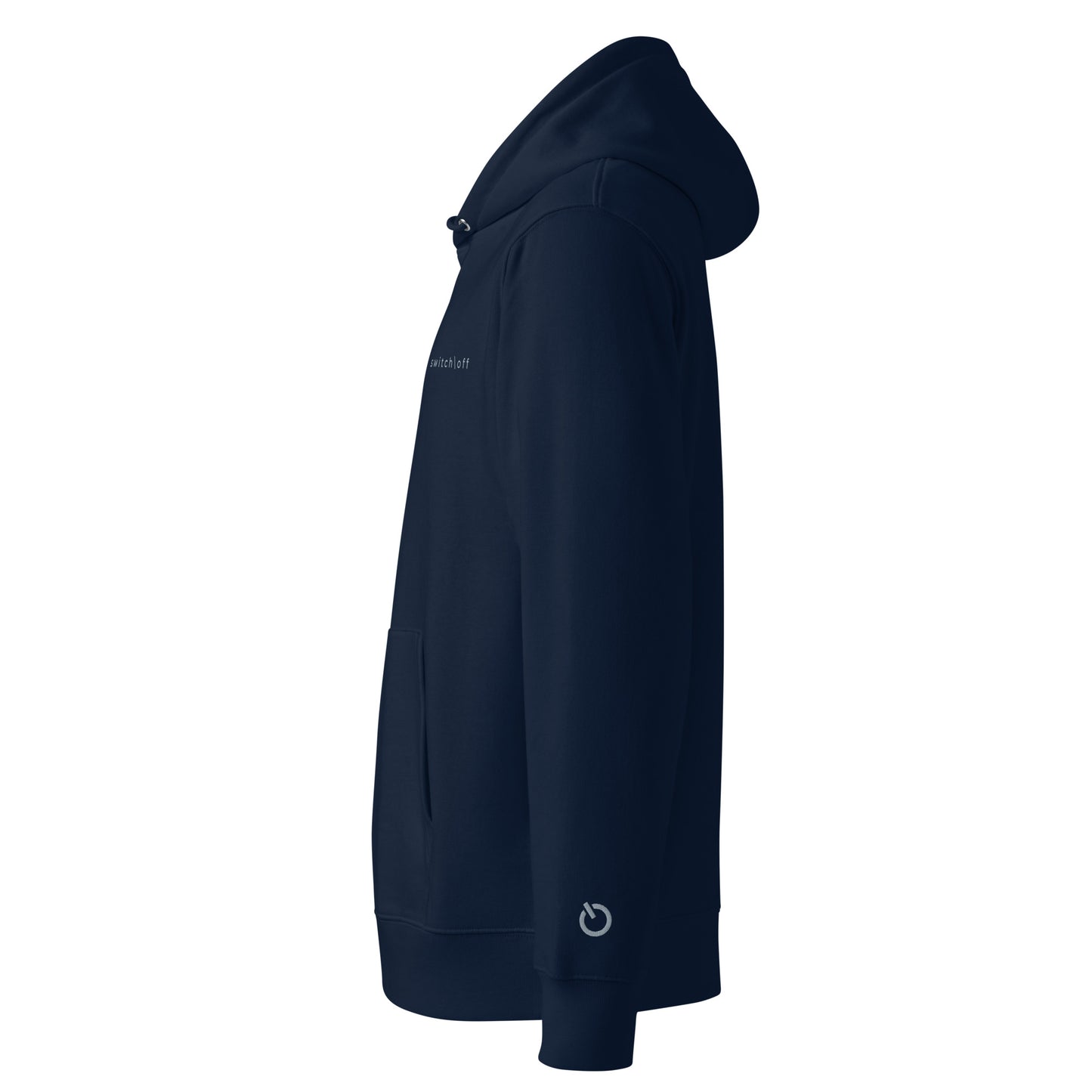 Sustainable organic cotton premium 10 oz hoodie in navy with gray switch\off and logo embroidery - An Athlete Trains.