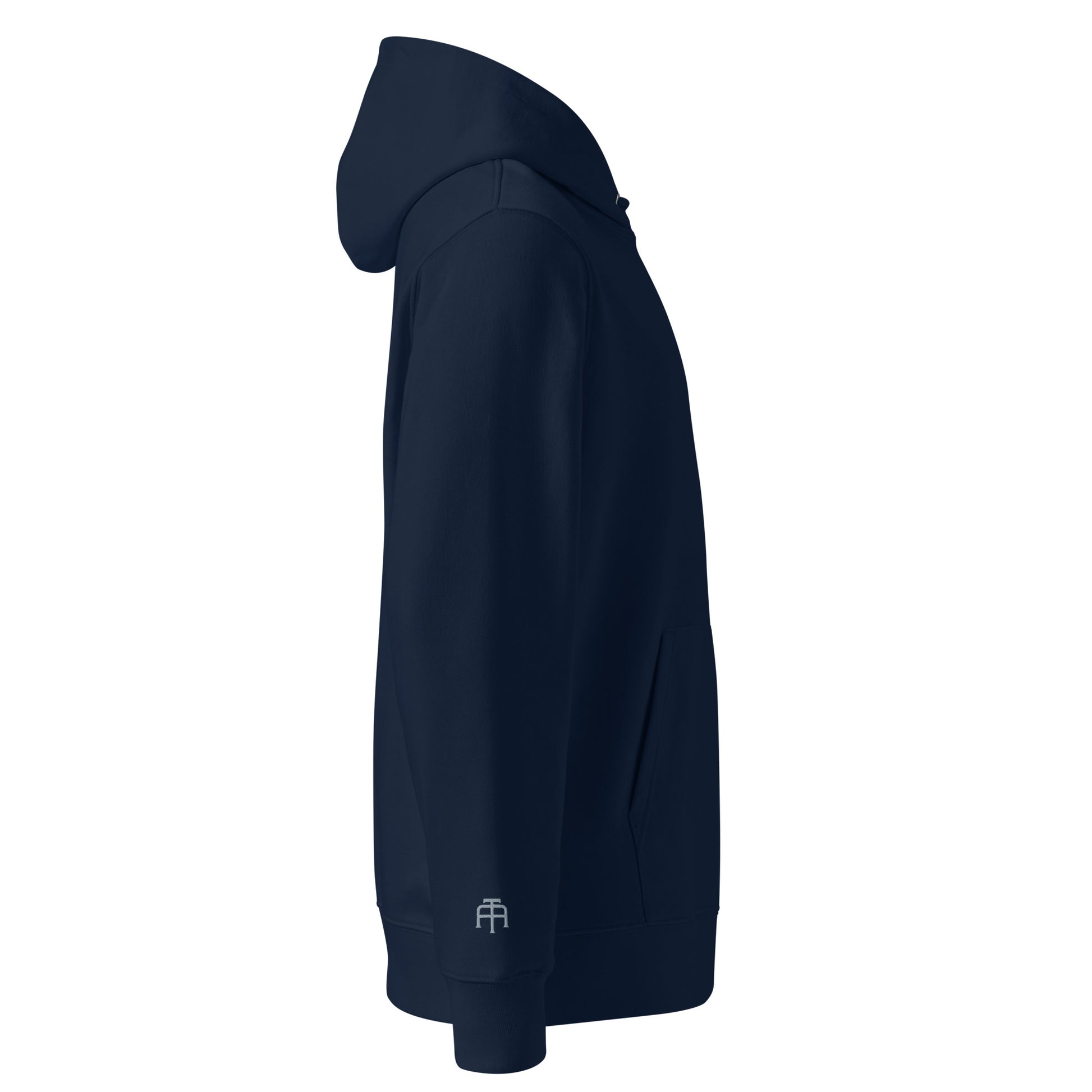 Sustainable organic cotton premium 10 oz hoodie in navy with gray switch\off and logo embroidery - An Athlete Trains.