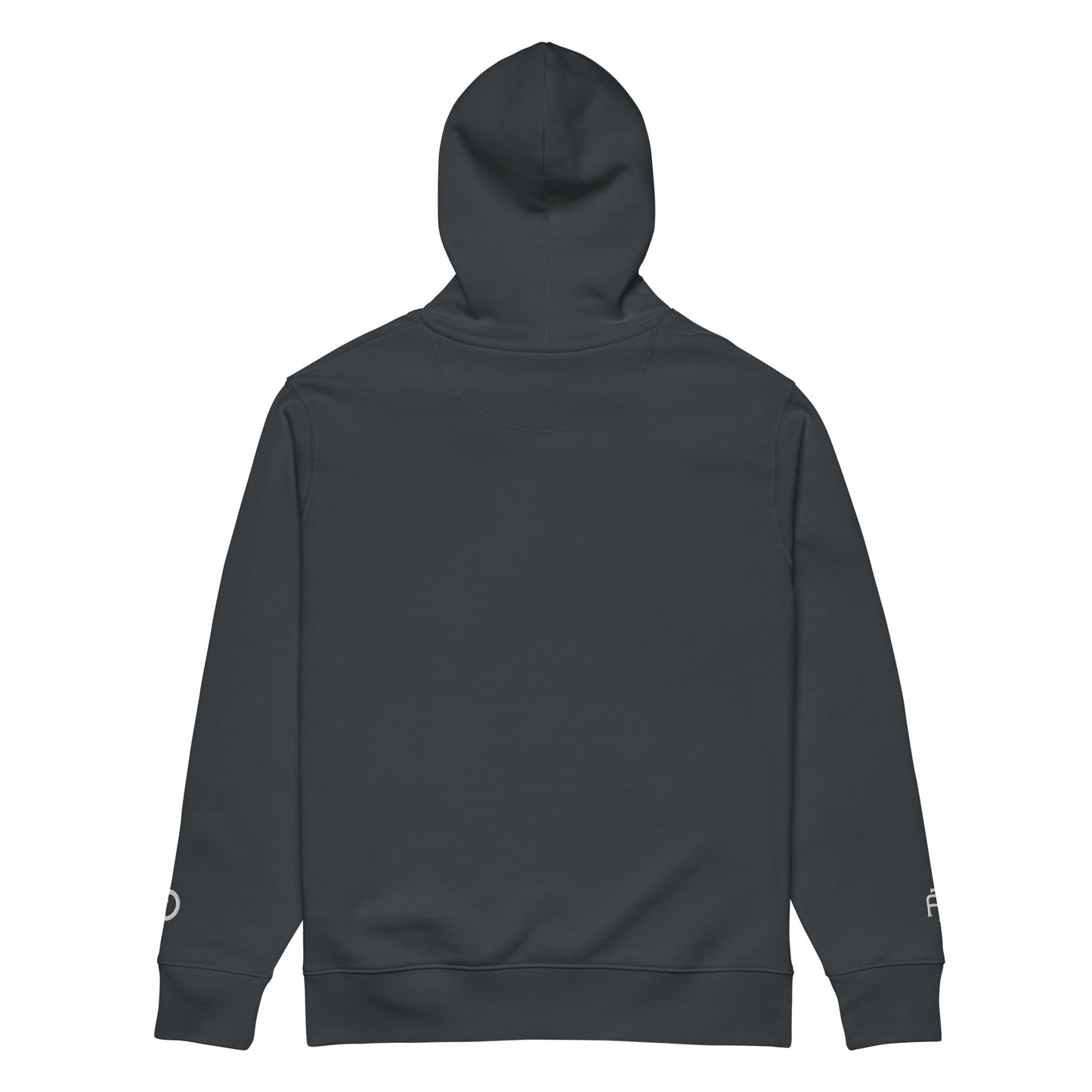 Sustainable organic cotton premium 10 oz hoodie in India ink gray with white switch\off and logo embroidery - An Athlete Trains.