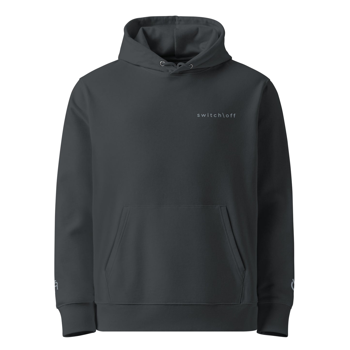 Sustainable organic cotton premium 10 oz hoodie in India ink gray with gray switch\off and logo embroidery - An Athlete Trains.