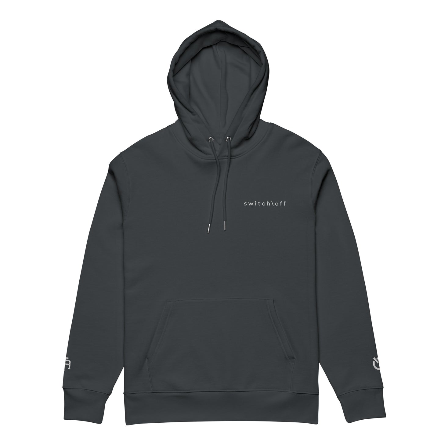 Sustainable organic cotton premium 10 oz hoodie in India ink gray with white switch\off and logo embroidery. Drawstring with metal tips - An Athlete Trains.