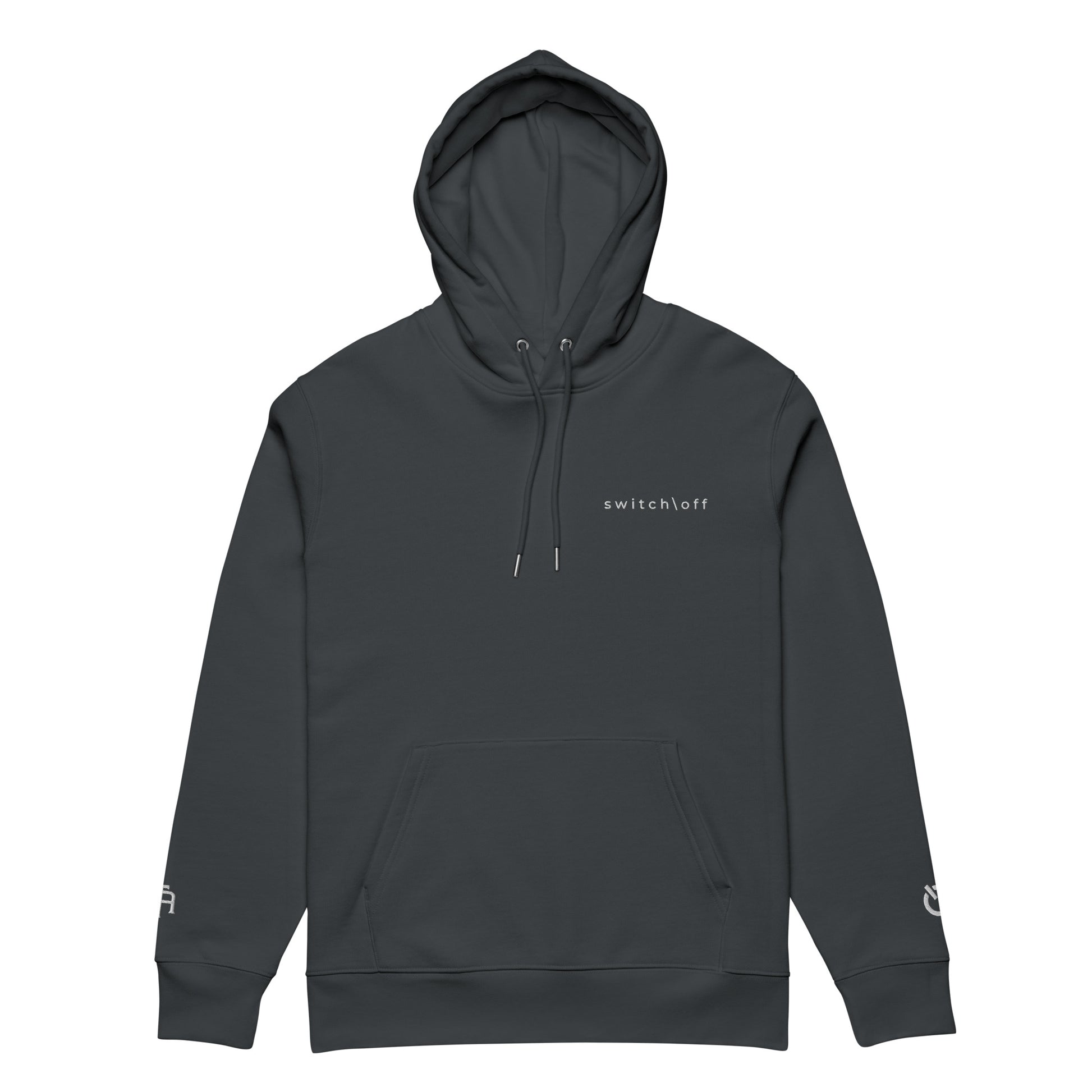 Sustainable organic cotton premium 10 oz hoodie in India ink gray with white switch\off and logo embroidery. Drawstring with metal tips - An Athlete Trains.