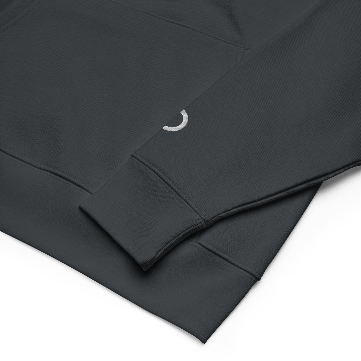 Sustainable organic cotton premium 10 oz hoodie in India ink gray with white switch\off and logo embroidery - An Athlete Trains.