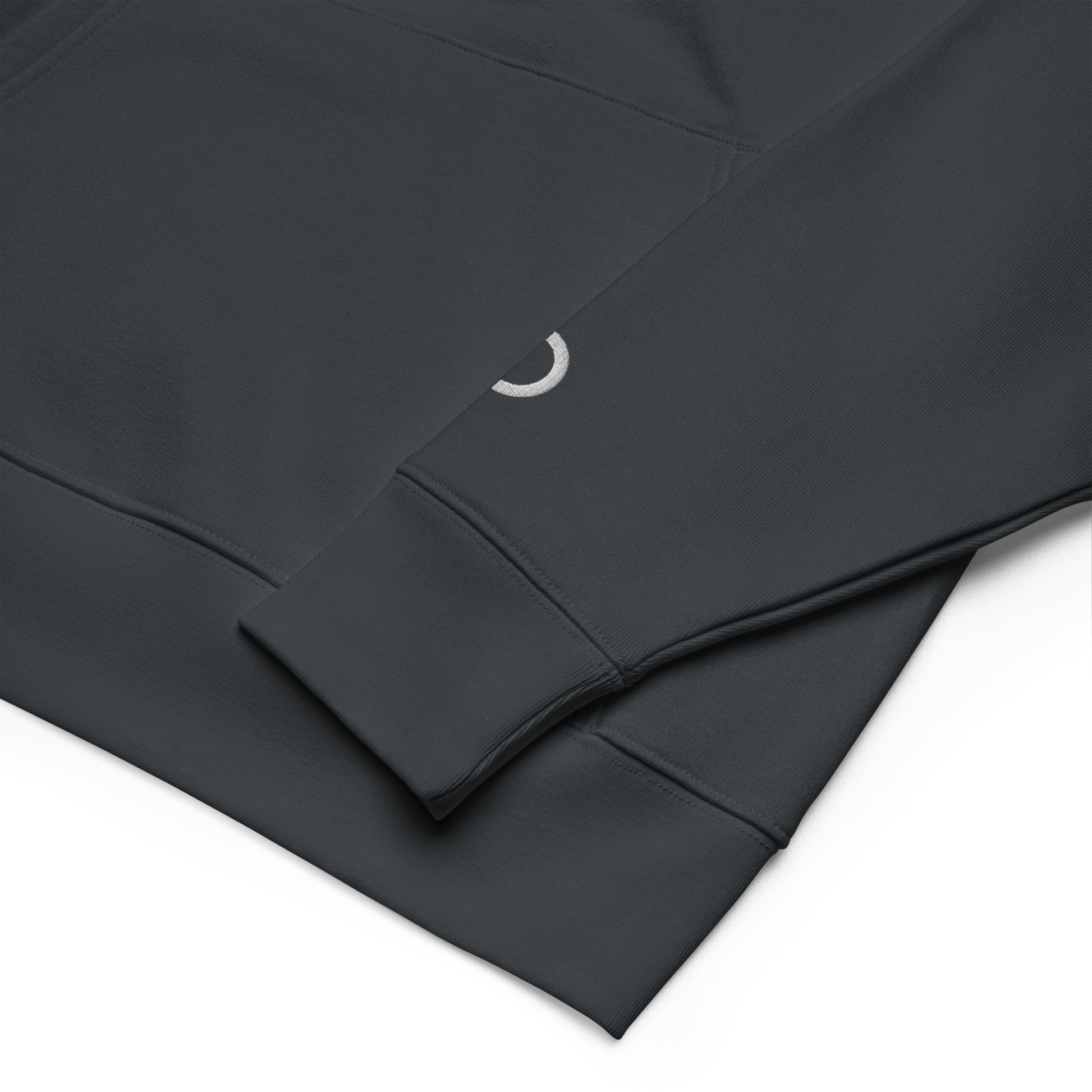 Sustainable organic cotton premium 10 oz hoodie in India ink gray with white switch\off and logo embroidery - An Athlete Trains.