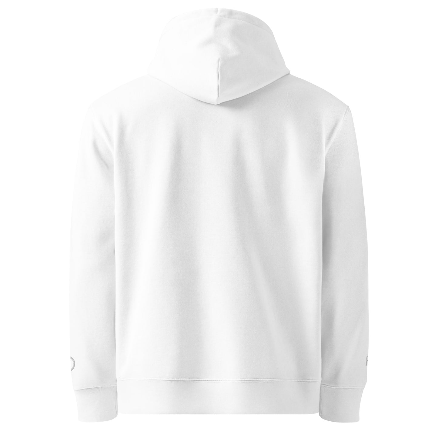 Sustainable organic cotton premium 10 oz hoodie in white with white switch\off and logo embroidery - An Athlete Trains.