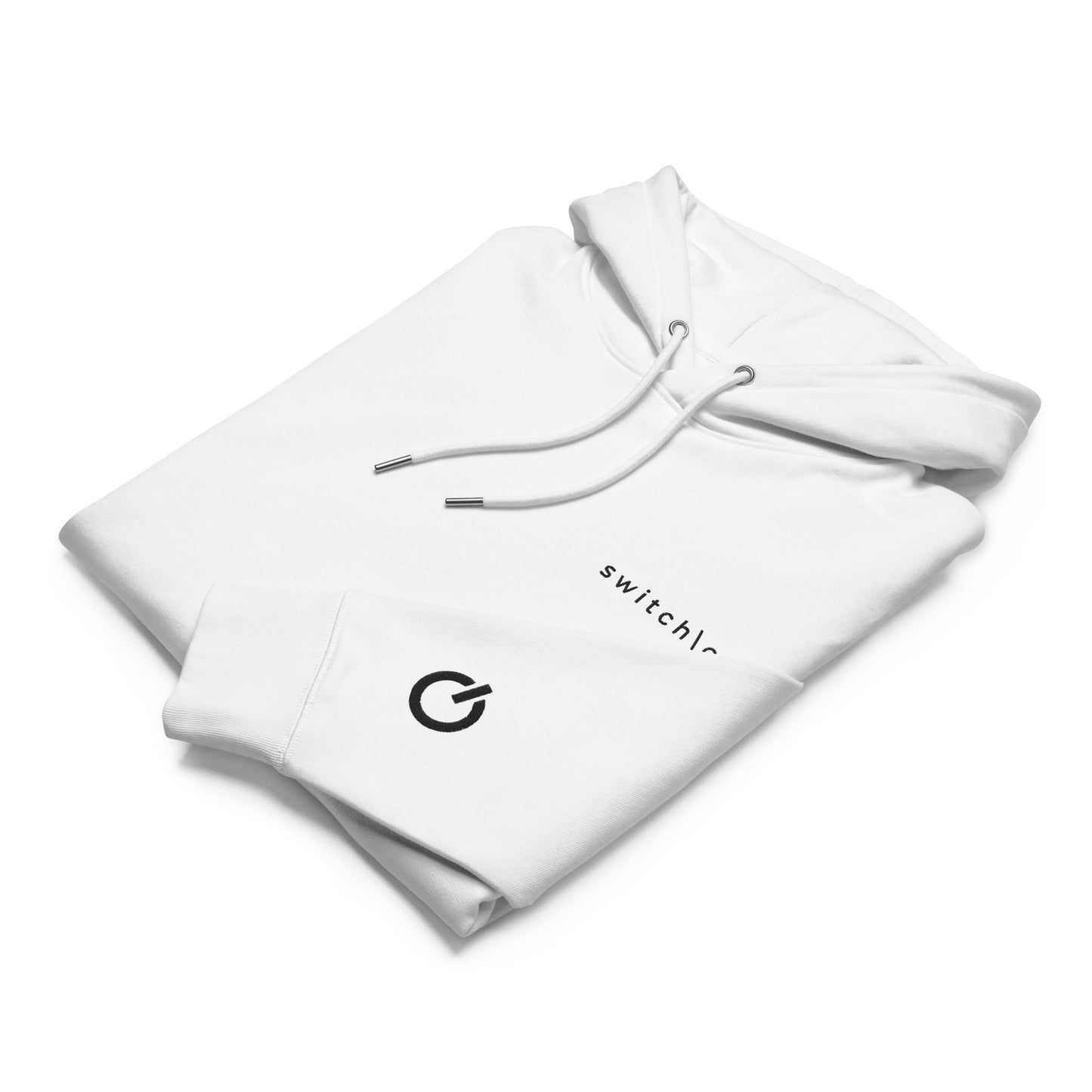 Sustainable organic cotton premium 10 oz hoodie in white with black switch\off and logo embroidery. Drawstring with metal tips - An Athlete Trains.