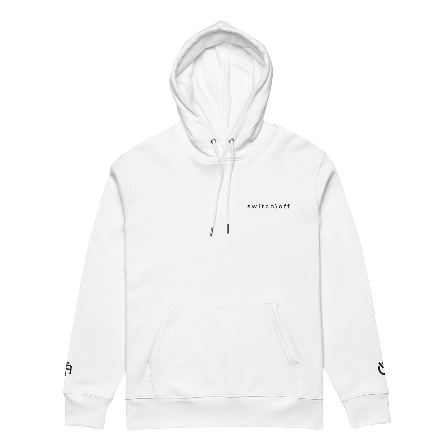 Sustainable organic cotton premium 10 oz hoodie in white with black switch\off and logo embroidery. Drawstring with metal tips - An Athlete Trains.