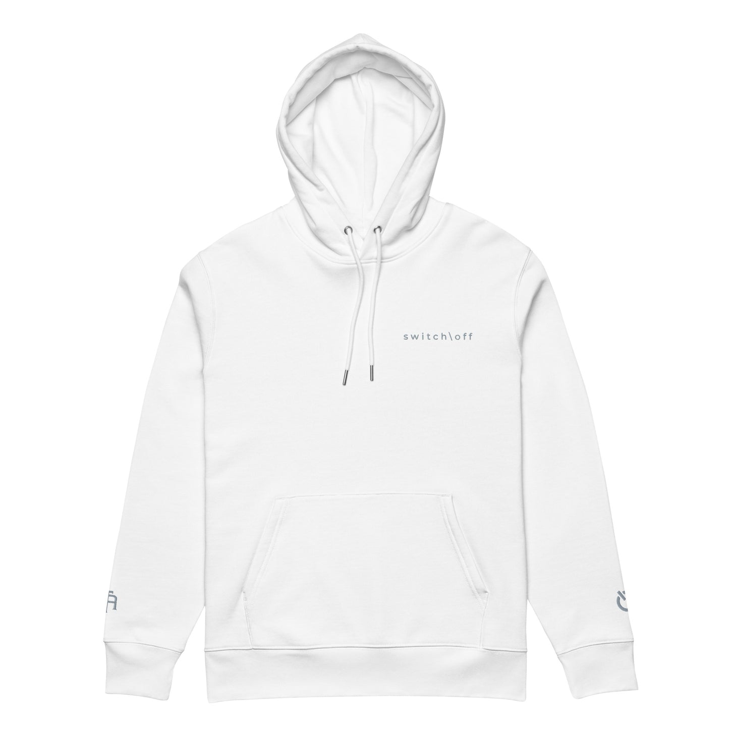 Sustainable organic cotton premium 10 oz hoodie in white with gray switch\off and logo embroidery. Drawstring with metal tips - An Athlete Trains.