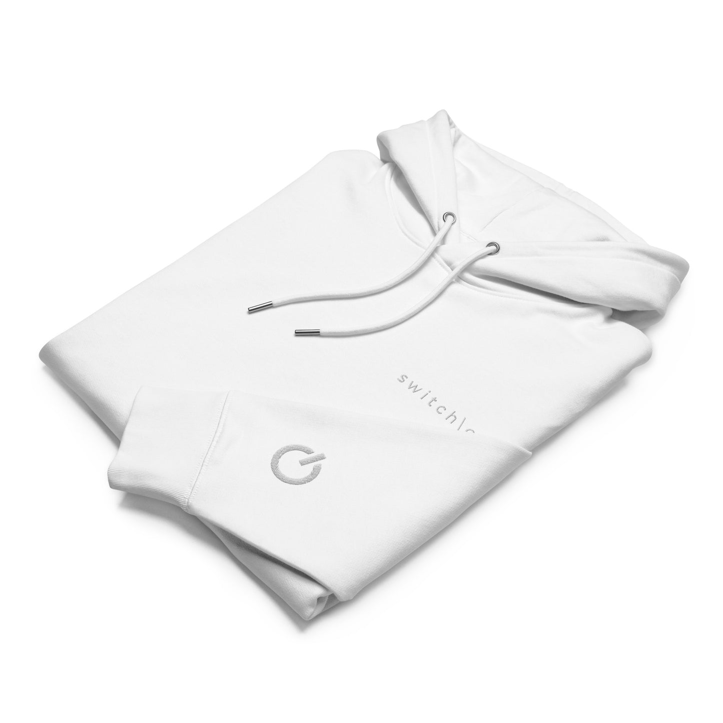 Sustainable organic cotton premium 10 oz hoodie in white with white switch\off and logo embroidery. Drawstring with metal tips - An Athlete Trains.