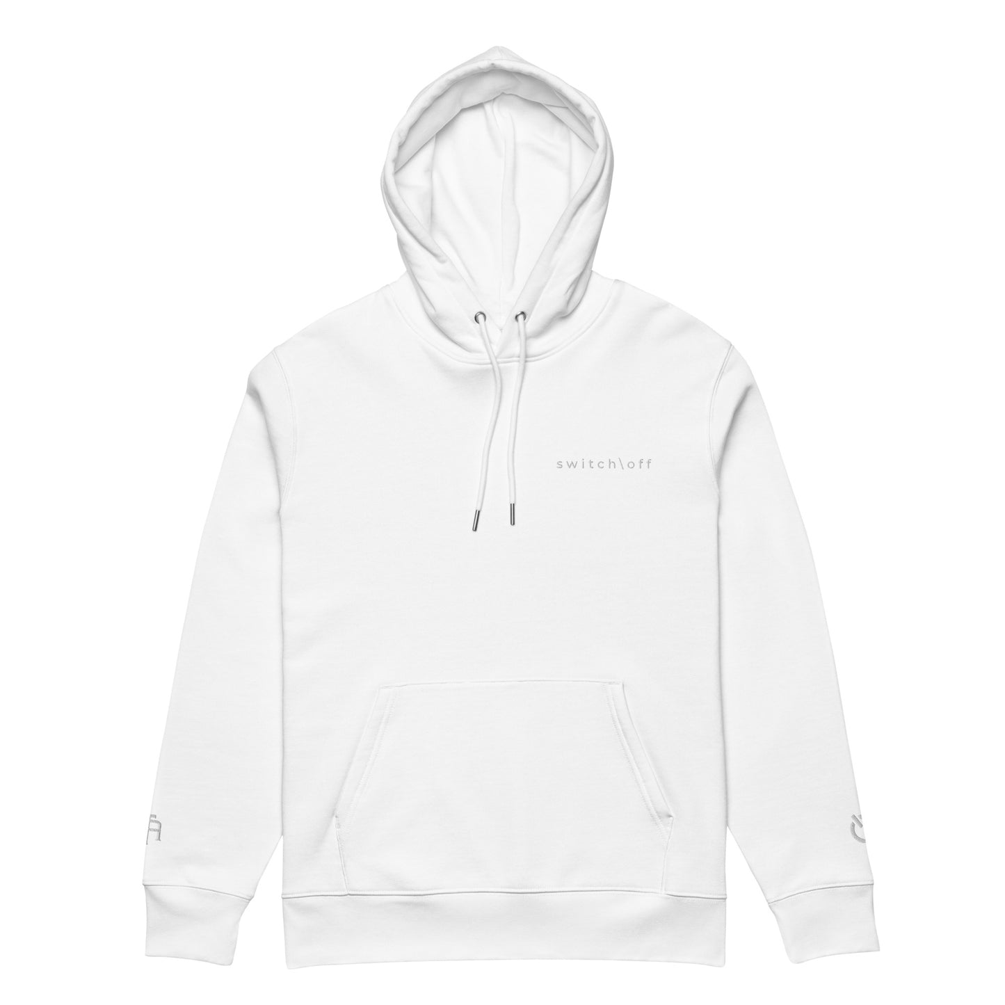 Sustainable organic cotton premium 10 oz hoodie in white with white switch\off and logo embroidery. Drawstring with metal tips - An Athlete Trains.