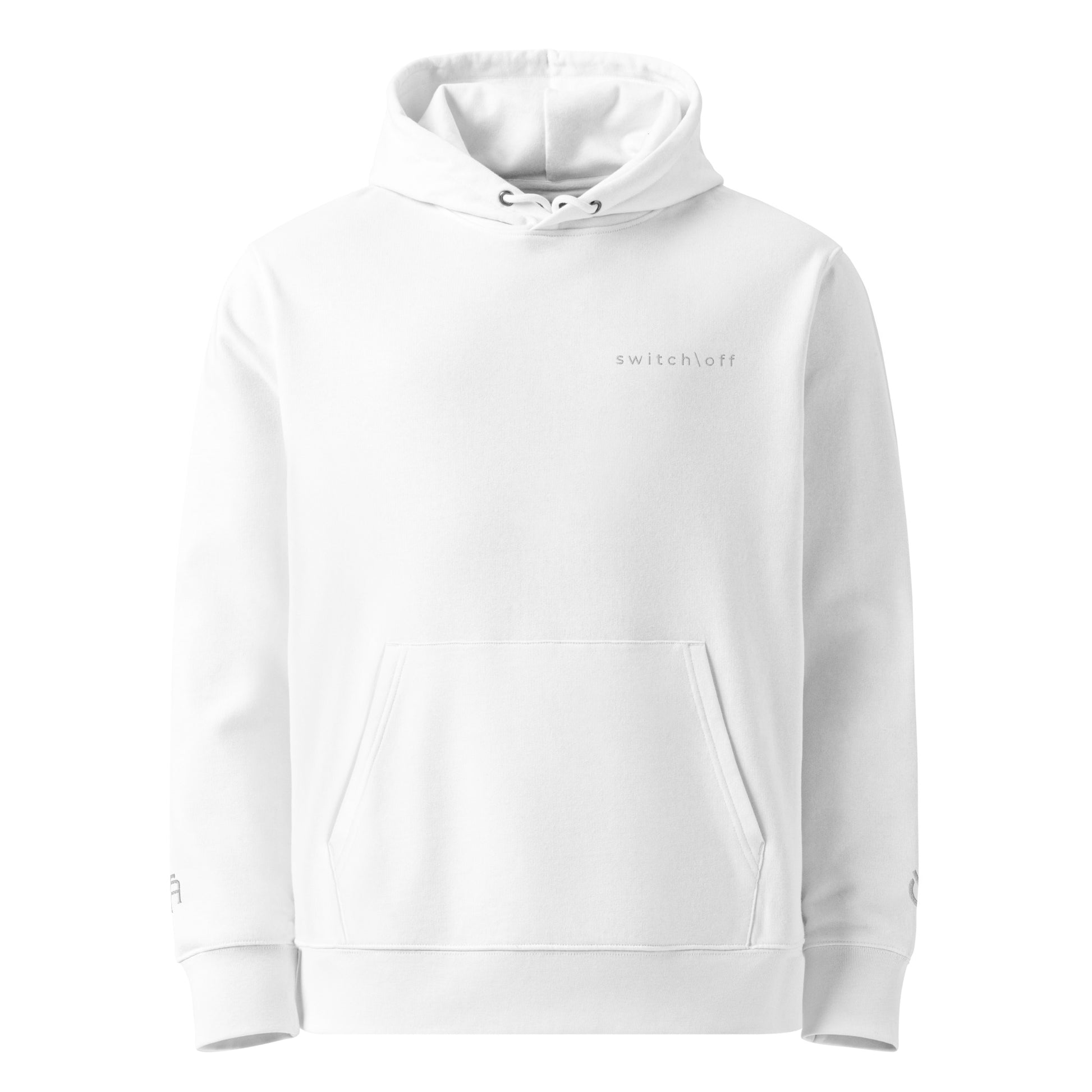 Sustainable organic cotton premium 10 oz hoodie in white with white switch\off and logo embroidery - An Athlete Trains.