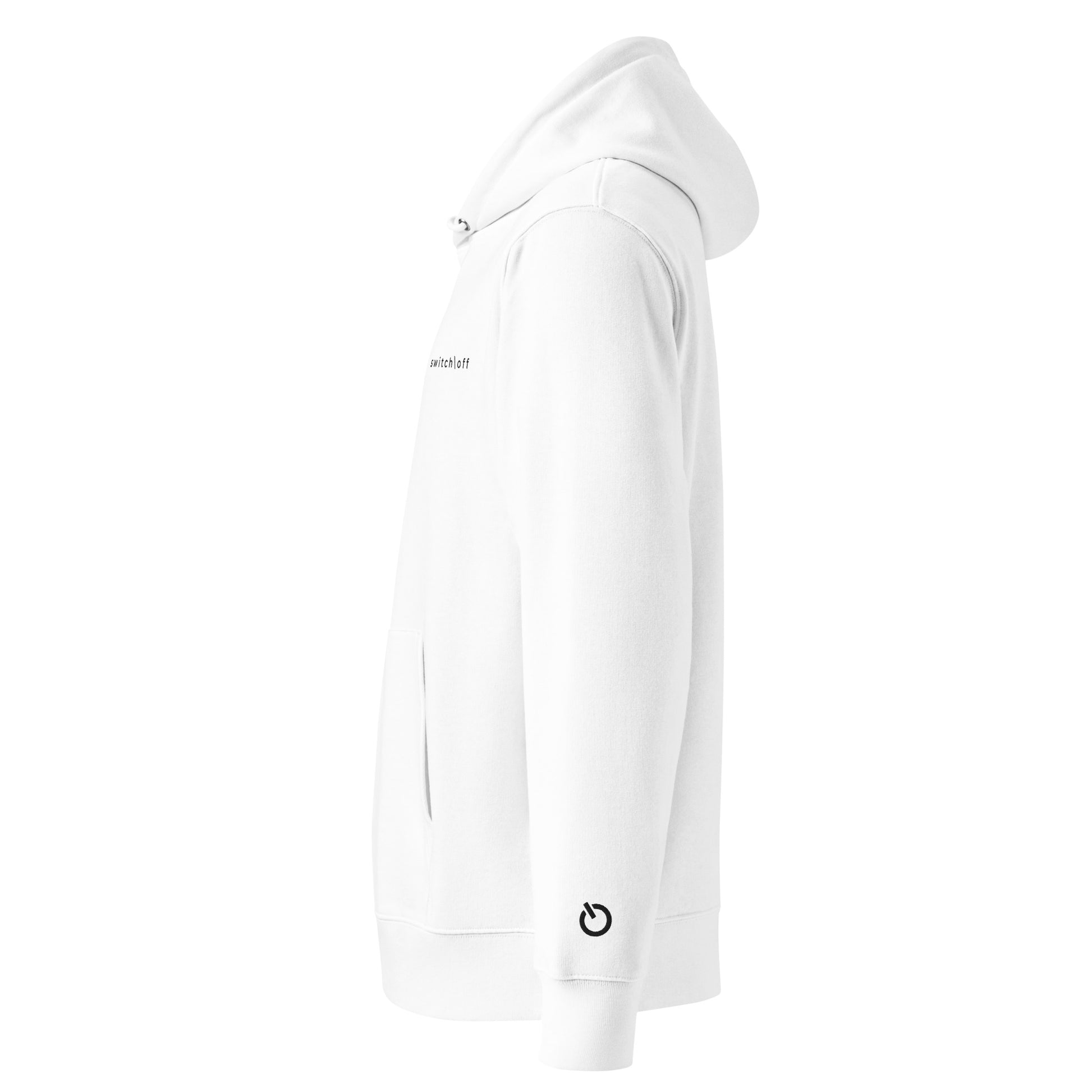 Sustainable organic cotton premium 10 oz hoodie in white with black switch\off and logo embroidery - An Athlete Trains.