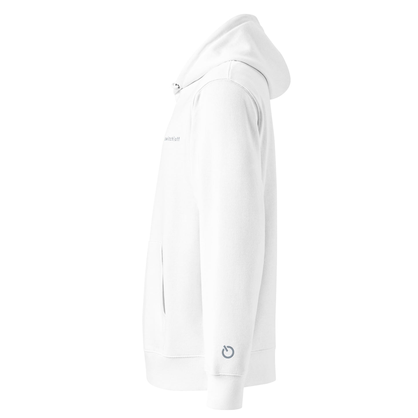 Sustainable organic cotton premium 10 oz hoodie in white with gray switch\off and logo embroidery - An Athlete Trains.