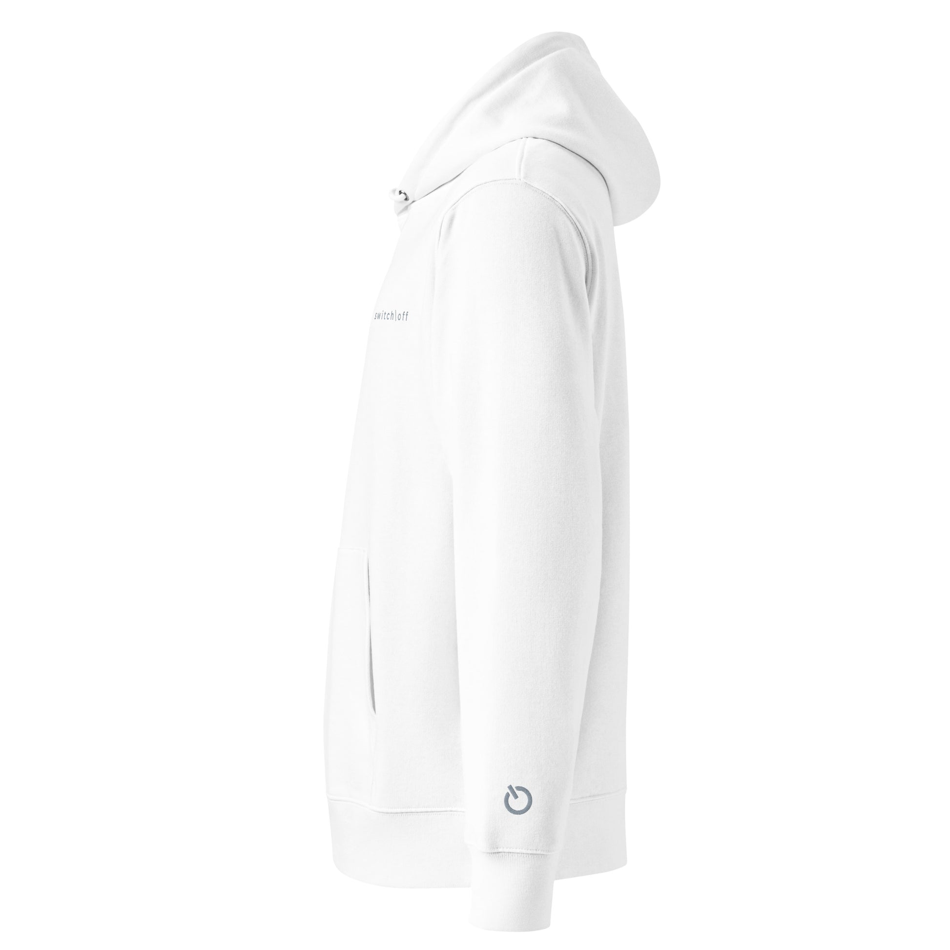 Sustainable organic cotton premium 10 oz hoodie in white with gray switch\off and logo embroidery - An Athlete Trains.