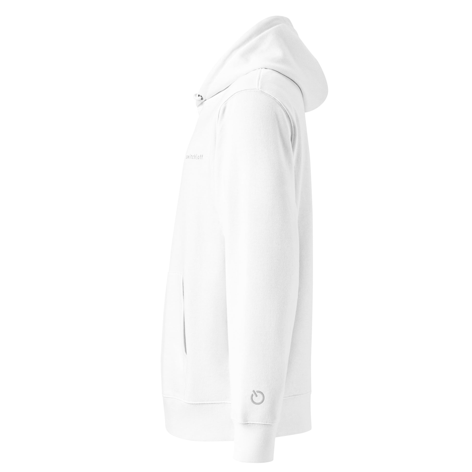 Sustainable organic cotton premium 10 oz hoodie in white with white switch\off and logo embroidery - An Athlete Trains.