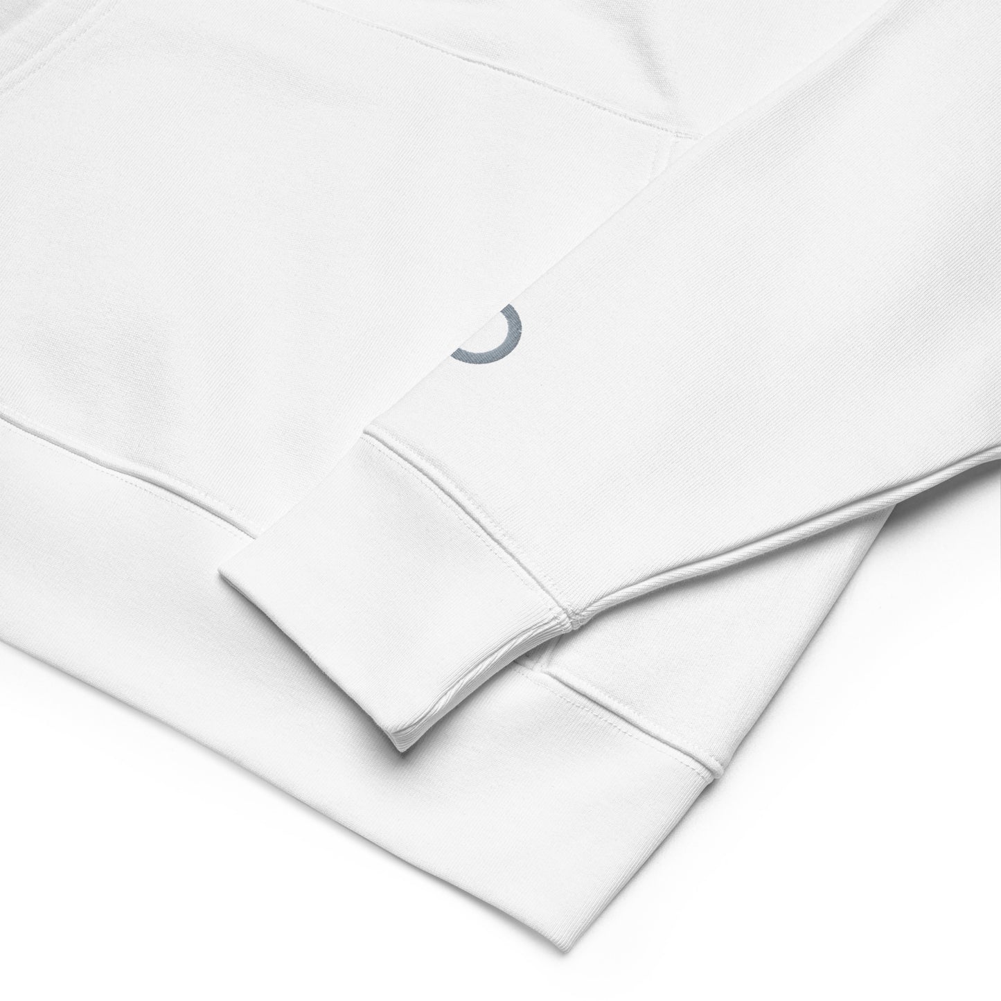 Sustainable organic cotton premium 10 oz hoodie in white with gray switch\off and logo embroidery - An Athlete Trains.