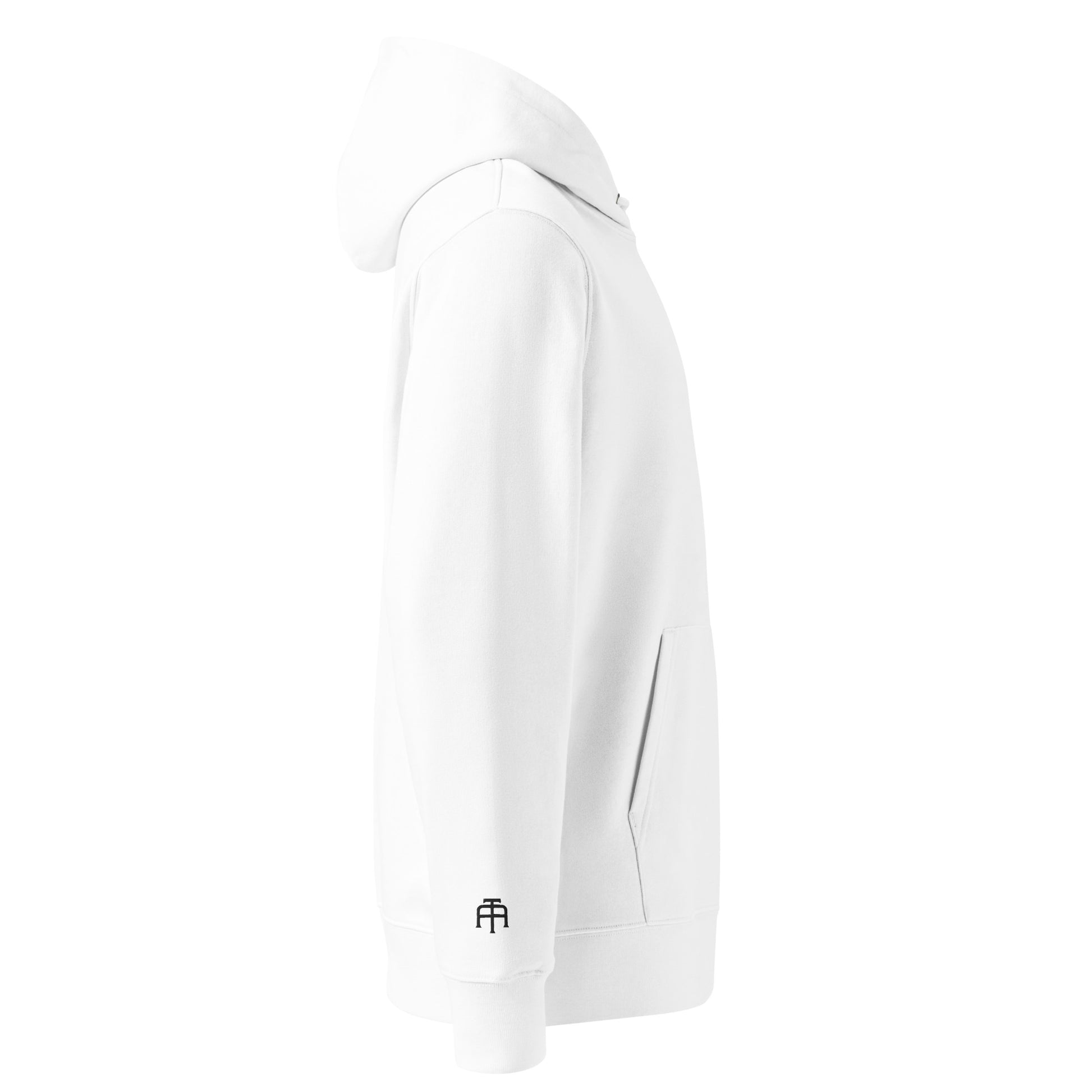 Sustainable organic cotton premium 10 oz hoodie in white with black switch\off and logo embroidery - An Athlete Trains.